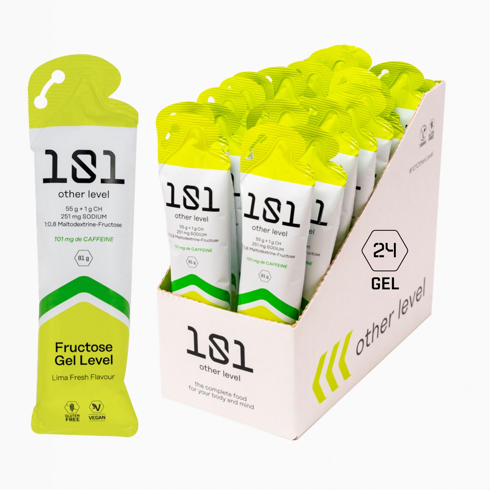 Gel Energetico Lima con Cafeina - Pack 24 Geles x 81g - Geles Energeticos Ciclismo - Rico en Carbohidratos 56 g Maltodextrina y Fructosa - SIN GLUTEN - Vegano