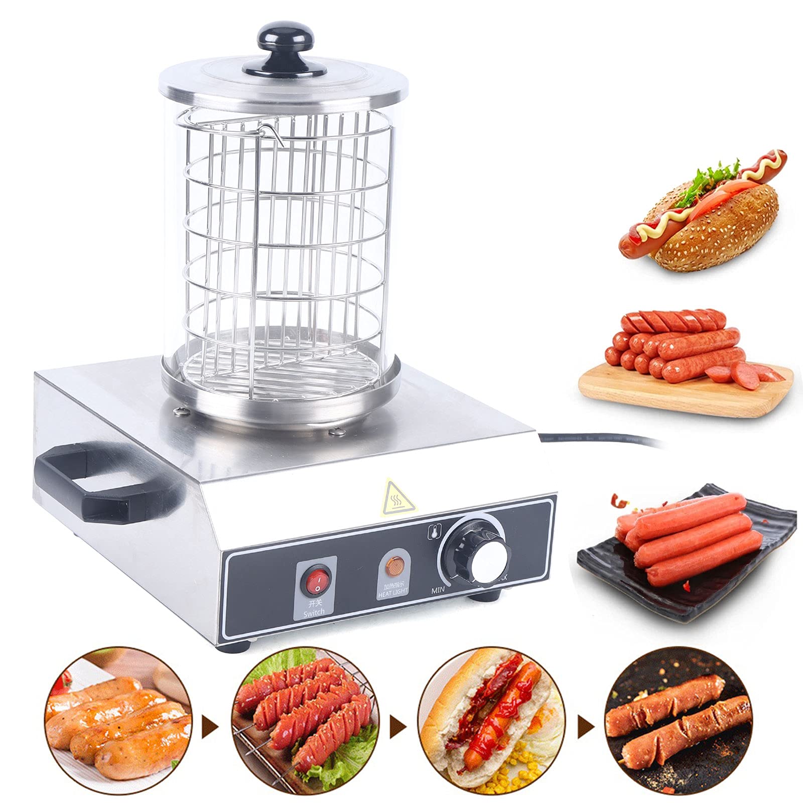 Hot Dog Maker 350W 0～85℃ Bockwurstwärmer Würstchenwärmer Hot Dog Wärmer Edelstahl Große Bockwurstkocher mit Handgriff 16x21.5CM