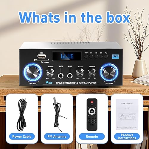 Miniatura 9 de AK50 Amplificador de audio estéreo, máximo 800 W, receptor estéreo de 2.0 canales con subwoofer activo, amplificador para el hogar, radio FM, USB,