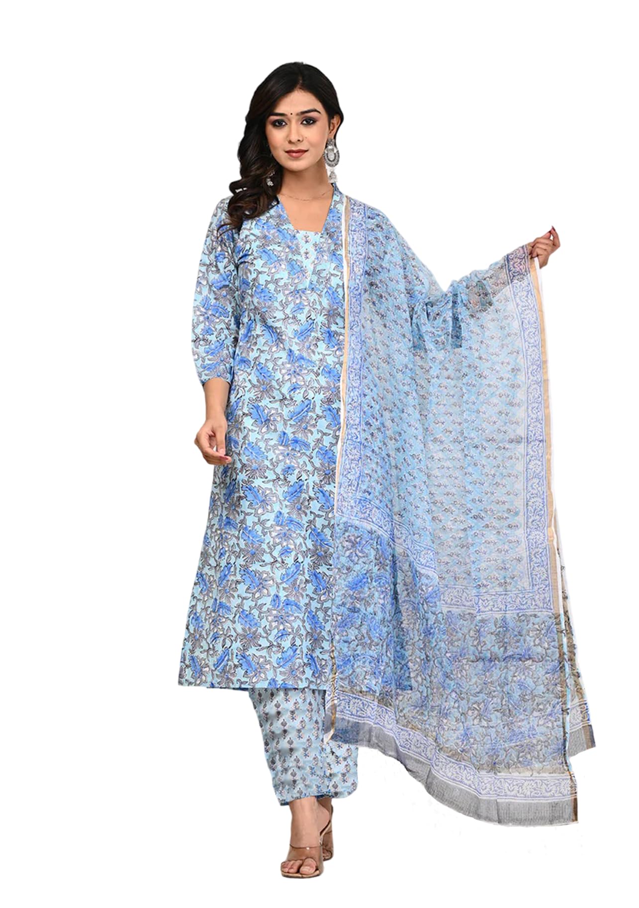 Fabnex Cotton Blend Regular Women Kurta Set (K-63-Skyblue-L_Sky Blue