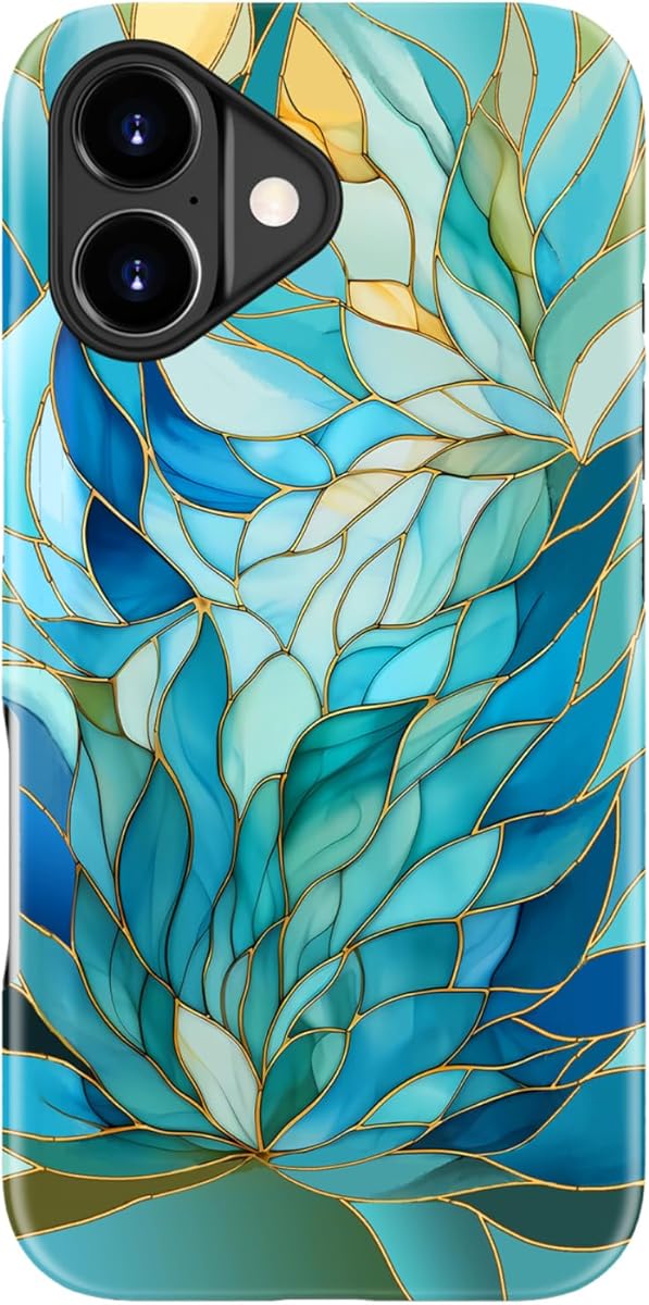 DorisMax for iPhone 17 Case - Wireless Charging Compatible - Dual-Layer Hard Shell + Silicone Cover - Shockproof Protective Phone Case with Stylish Designs for Women - Blue Leaves Flower