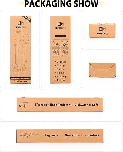 Miniatura 8 de Juego de 4 utensilios de cocina de silicona, espátulas sólidas grandes antiadherentes, cucharas ranuradas grises resistentes al calor, torneadores