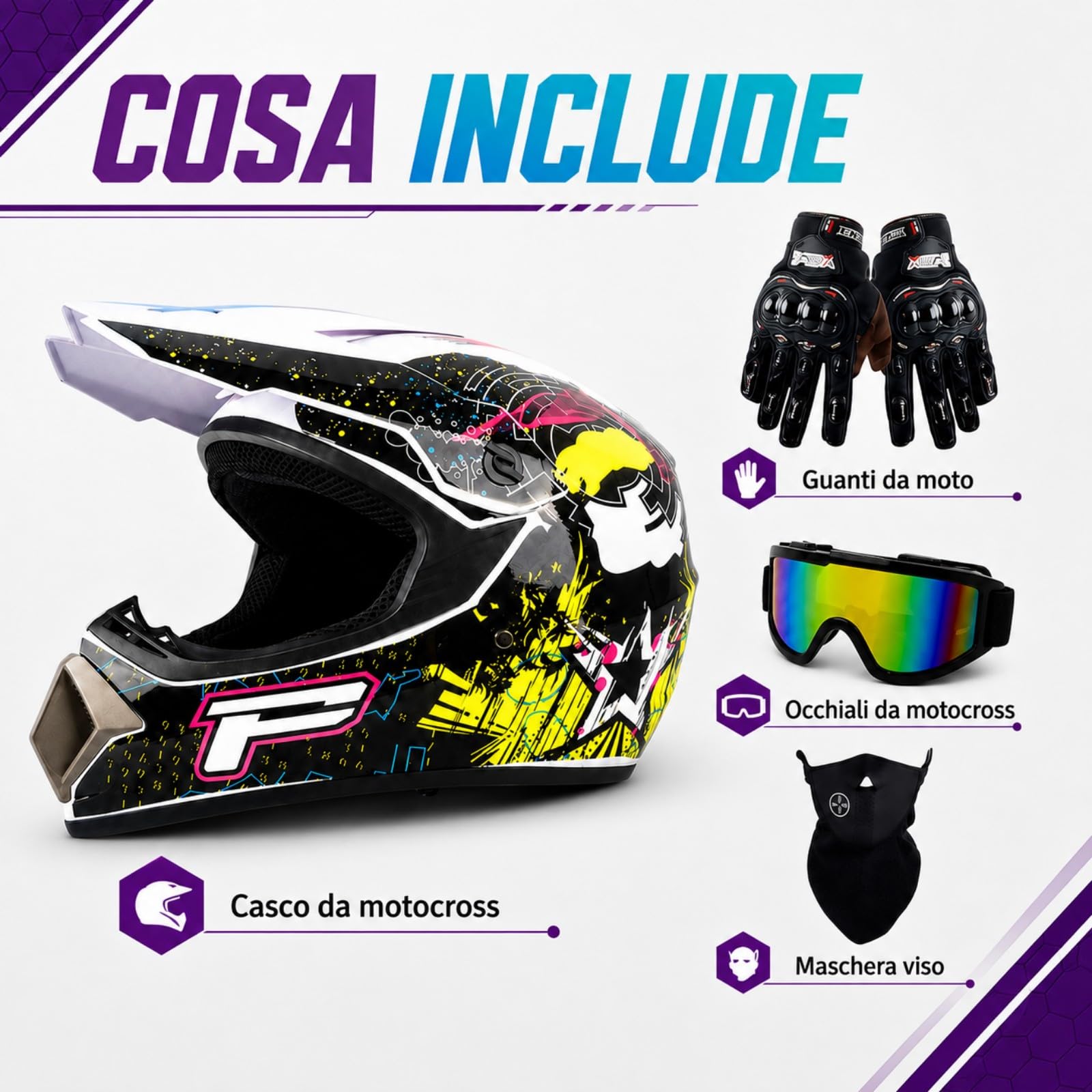Casco Cross bianco, nero e giallo con Occhiali e Guanti