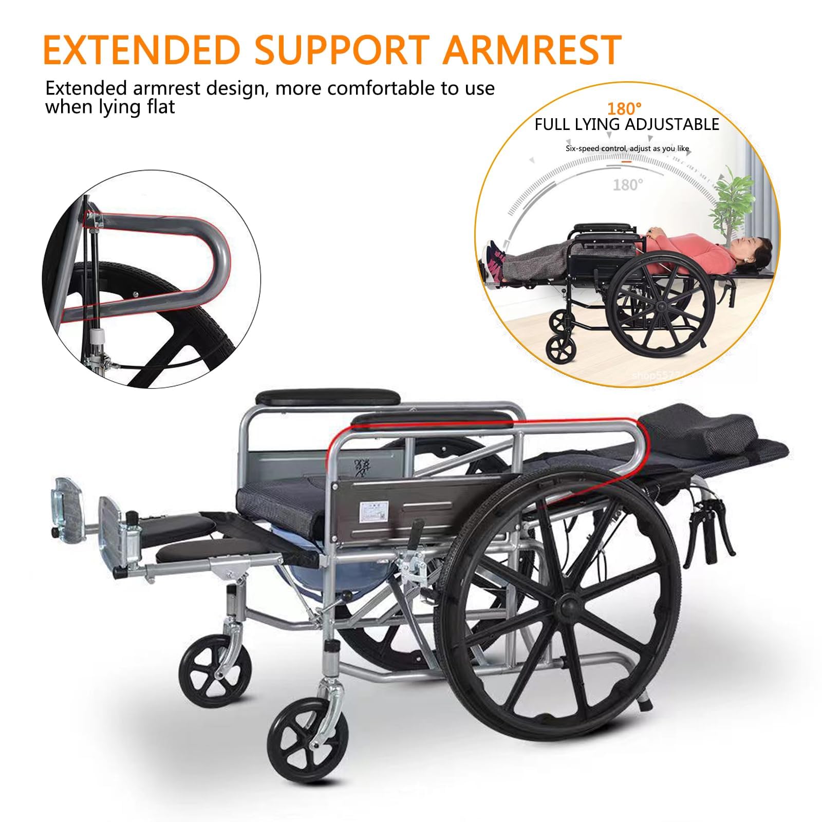 Silla de ruedas reclinable plegable, silla de movilidad portátil ligera con reposapiés y reposabrazos extraíbles, diseño bariátrico