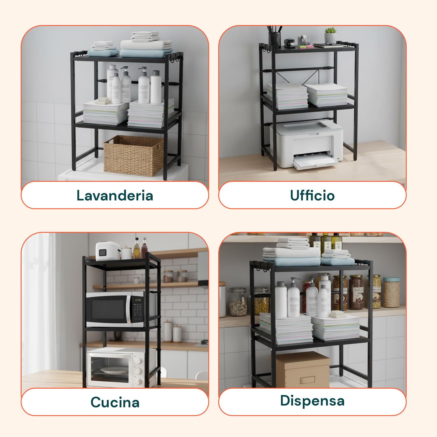 Avilia – Scaffale a 3 Ripiani, 25kg Espandibili e Regolabili, Cucina Microonde, Organizer Spezie Utensili Elettrodomestici, 6 Ganci Laterali Salvaspazio Dispensa Lavanderia Acciaio