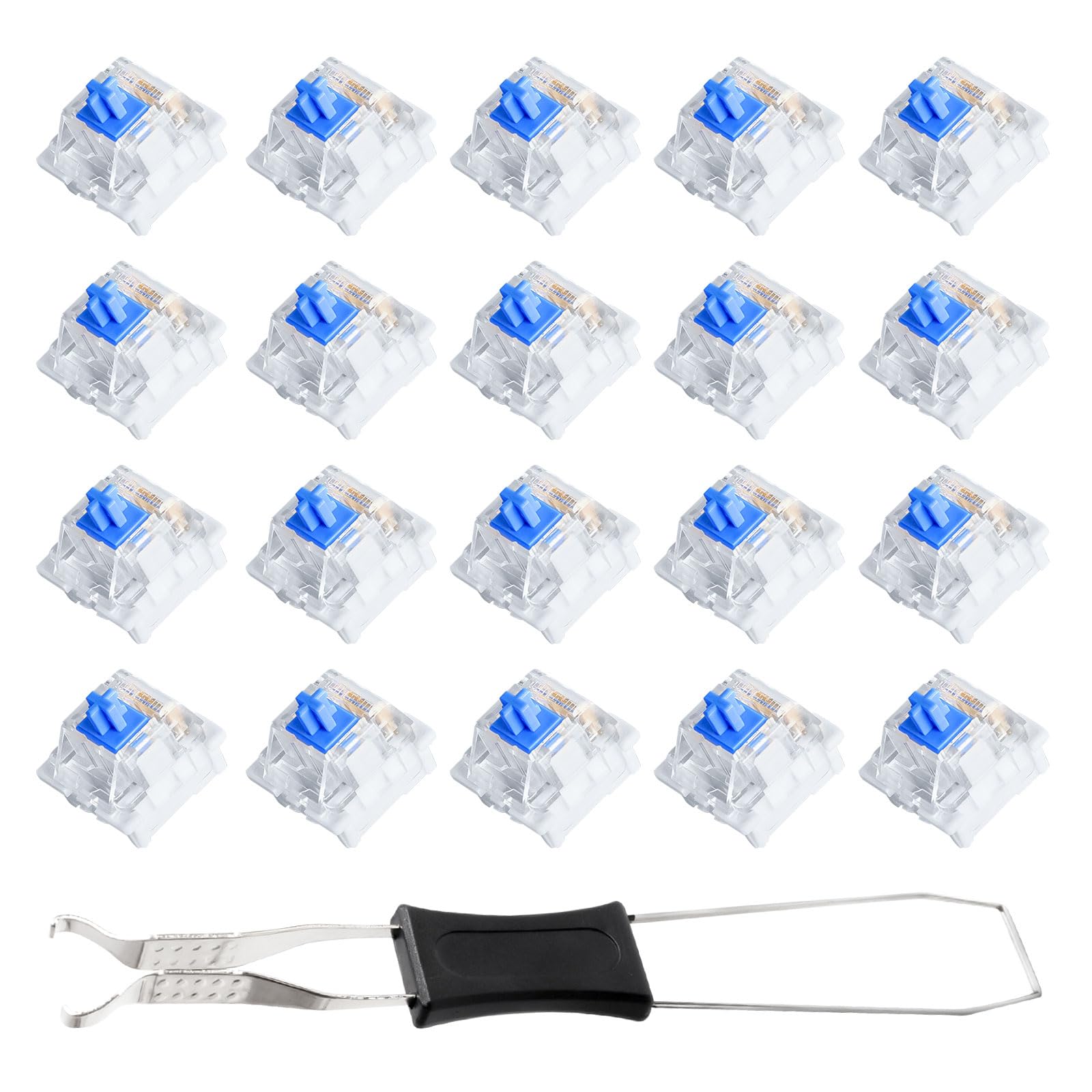 20 niebieskich przełączników klawiaturowych, przełączników klawiaturowych z wyciąganiem, 3 piny, zamiennik Blue Switch, przezroczysta obudowa do akcesoriów PC i klawiatur mechanicznych DIY