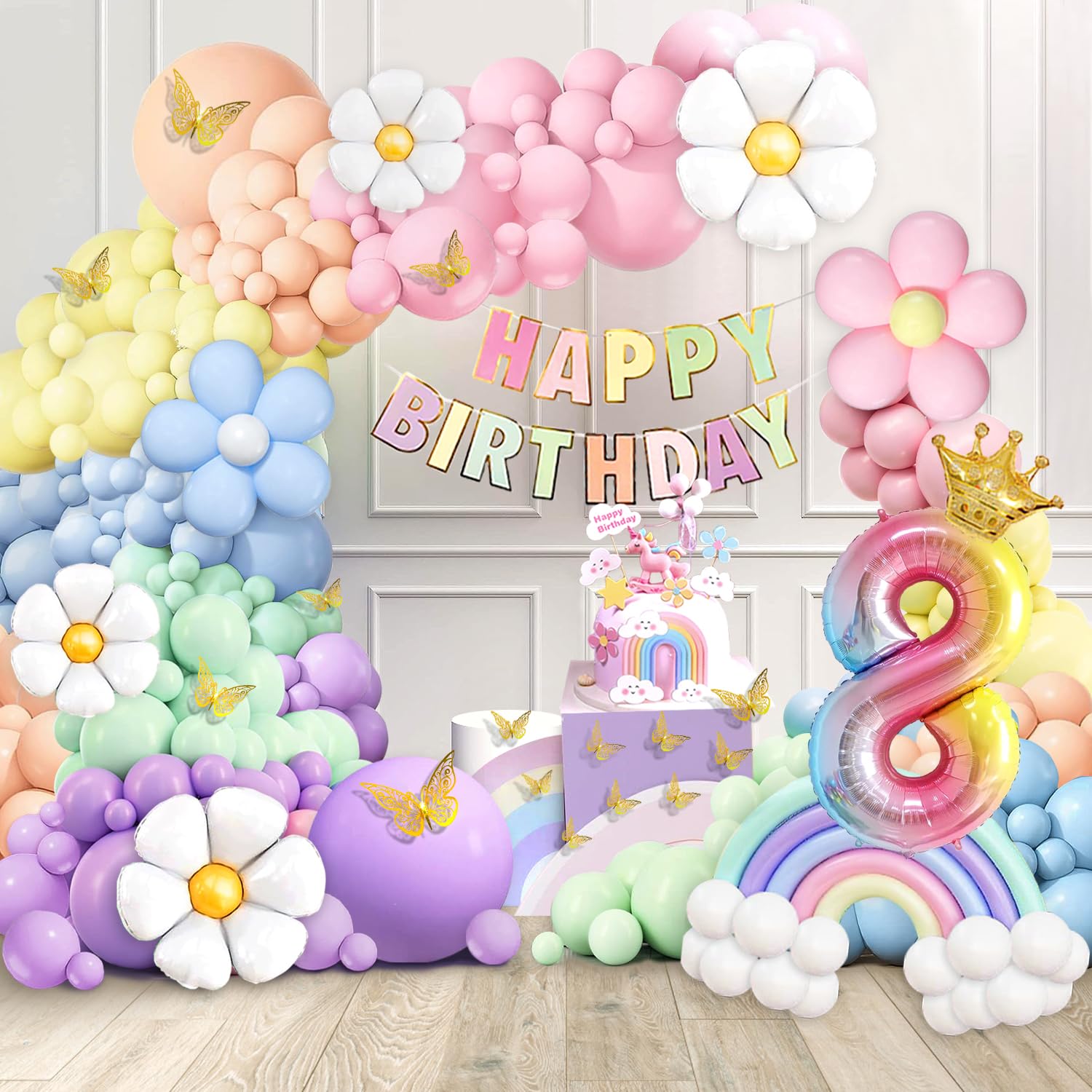 Pastel Balloons 8th Birthday Decorations for Girls, 219 Pastel Balloon Garland Kit with Flowers, Happy Birthday Banner, Cake Topper, 3D Butterflies,