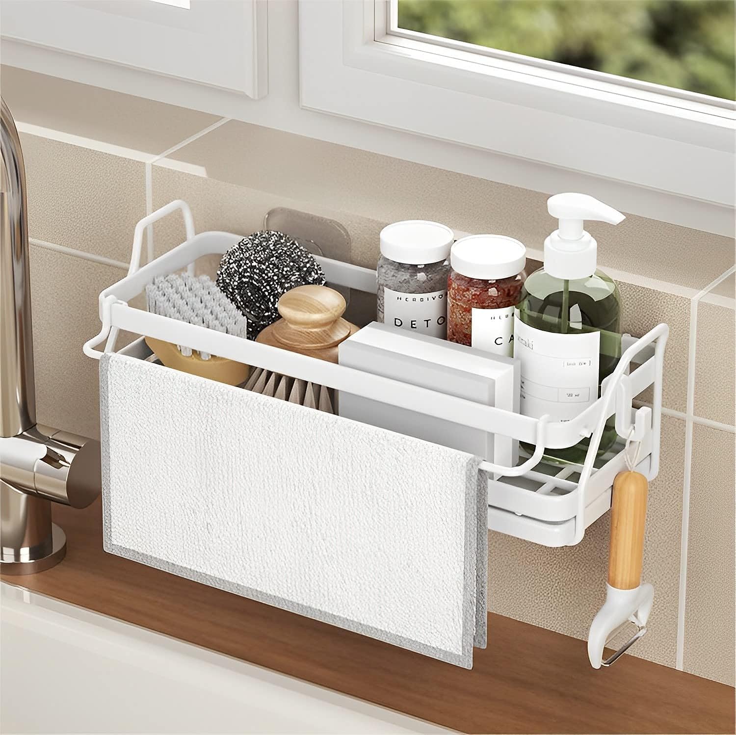3-in-1 Sink Caddy,Adhesive Sponge Holder for Kitchen Sink Kitchen Sponge Holder + Brush Holder + Hooks, Kitchen Sink Organizer,Rust Proof, Water Proof (White)