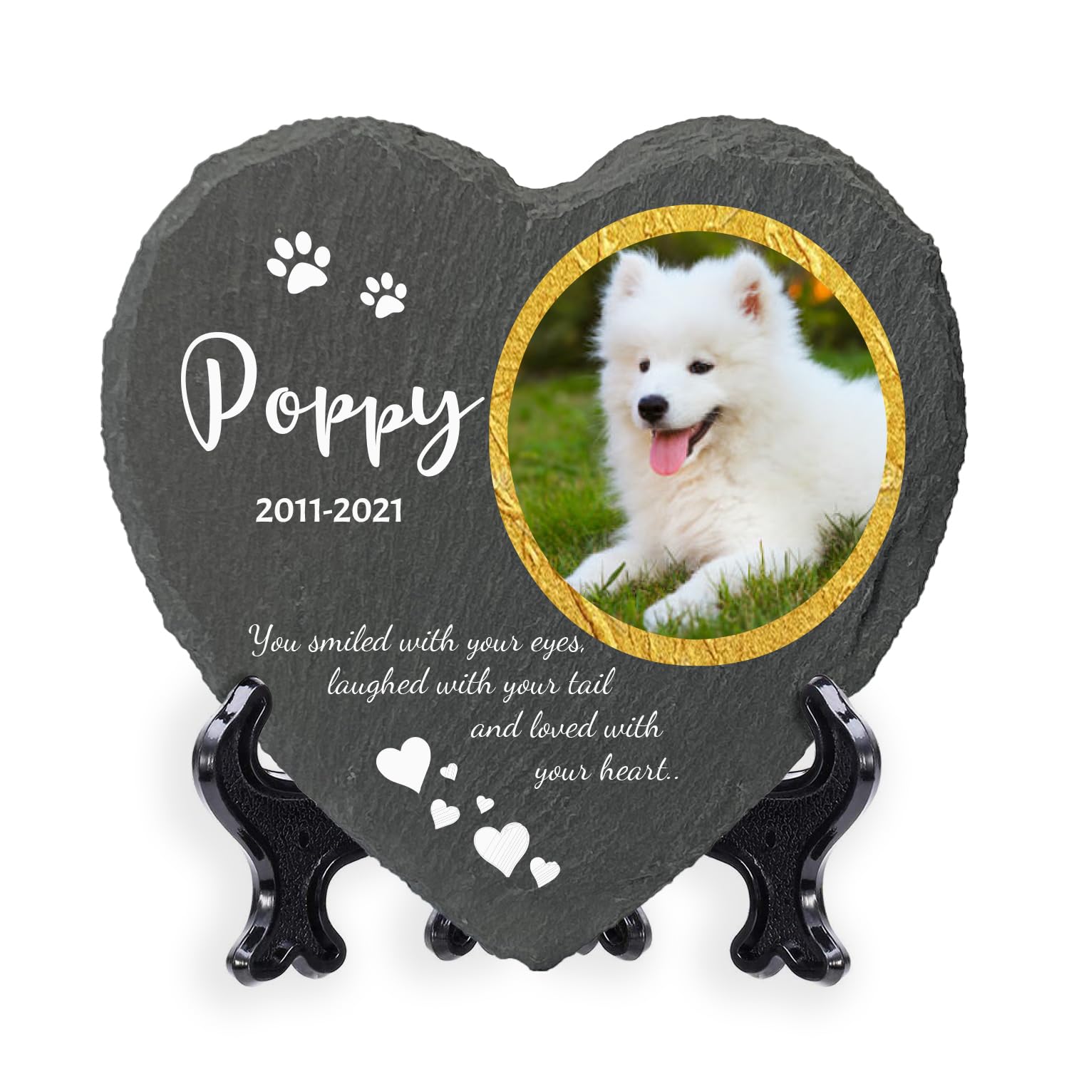 AIGAT Personalised Custom Heart Shape Memorial Plaque 9.8" x 9.8" / 25 x 25 cm With Stand For Pet Cat Dog Slate Stone Paw Grave Marker - Gold Frame Photo — image 1