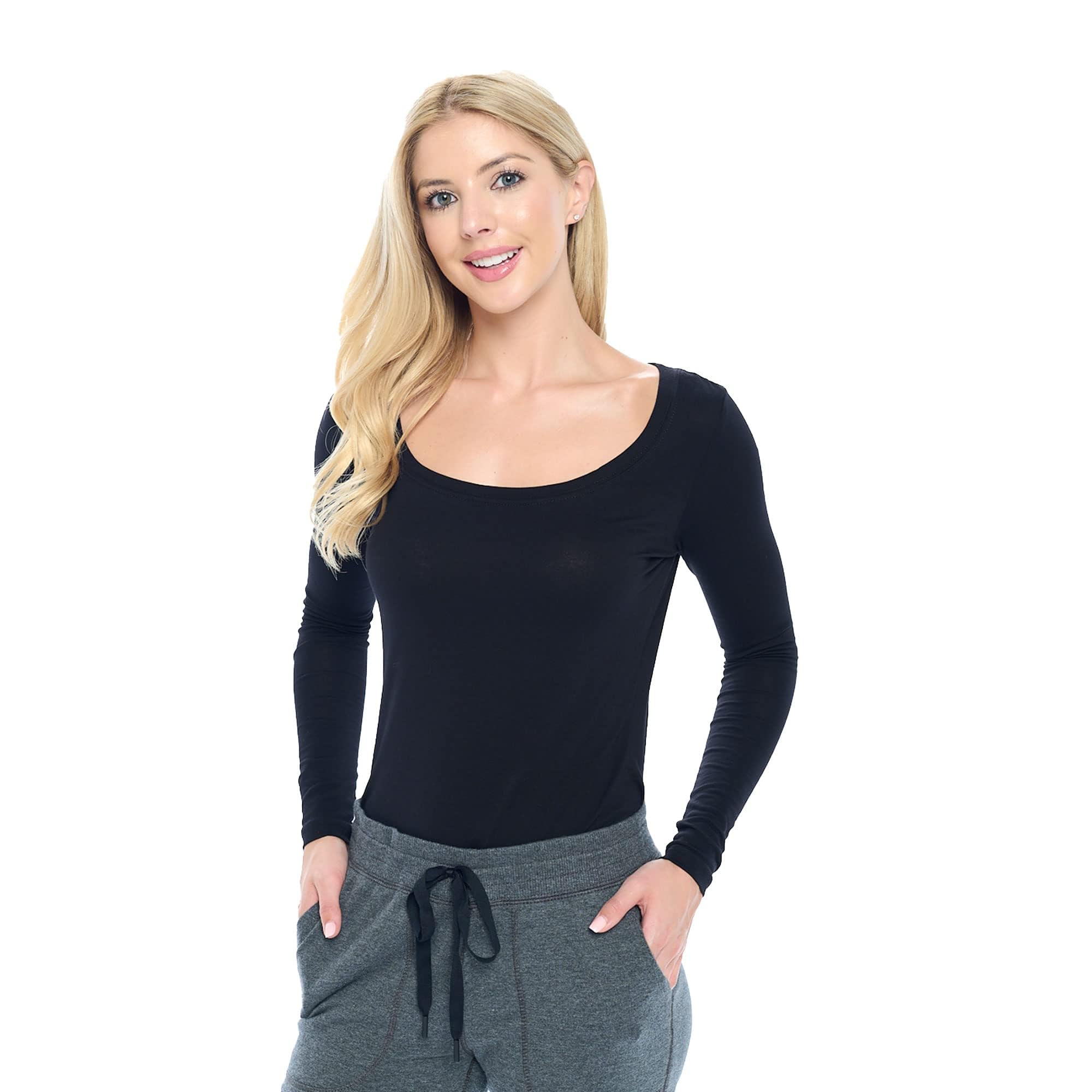 M&M SCRUBS Women's Long Sleeve Scoop-Neck T-Shirt Under Scrub (Black, Medium)