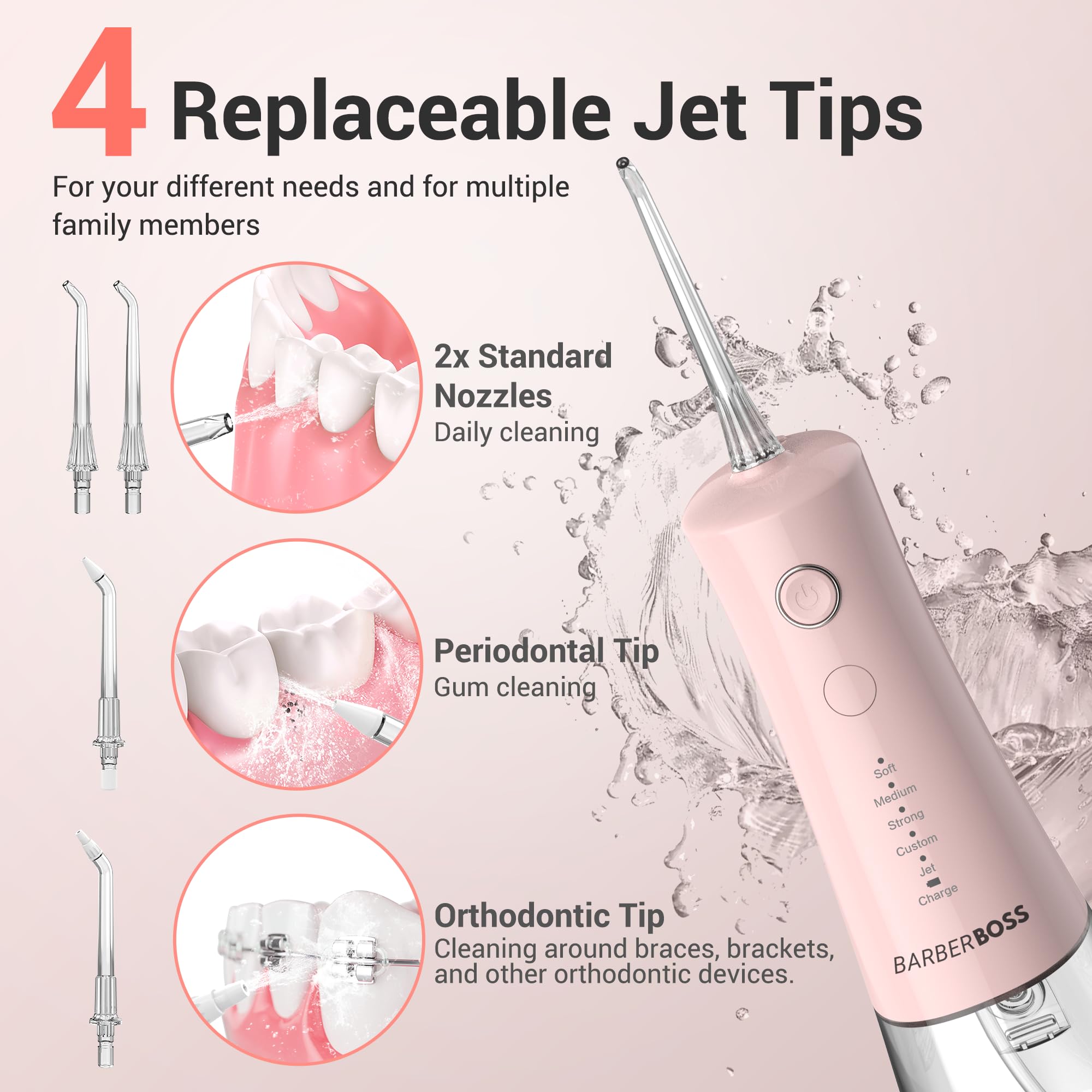 BarberBoss Irrigador Dental, hilo dental eléctrico, 5 niveles presión, 340 ml resistente agua IPX8, irrigador bucal portátil para el cuidado las encías, QR-7103 (Rosa Pastel)