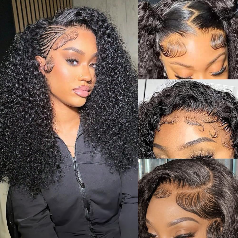 CYNOSURE 13x4 Deep Wave Lace Front Wigs Human Hair Pre Plucked 180% Density Brazilian Deep Curly Lace Frontal Wig with Baby Hair Natural Black Color 16 inch