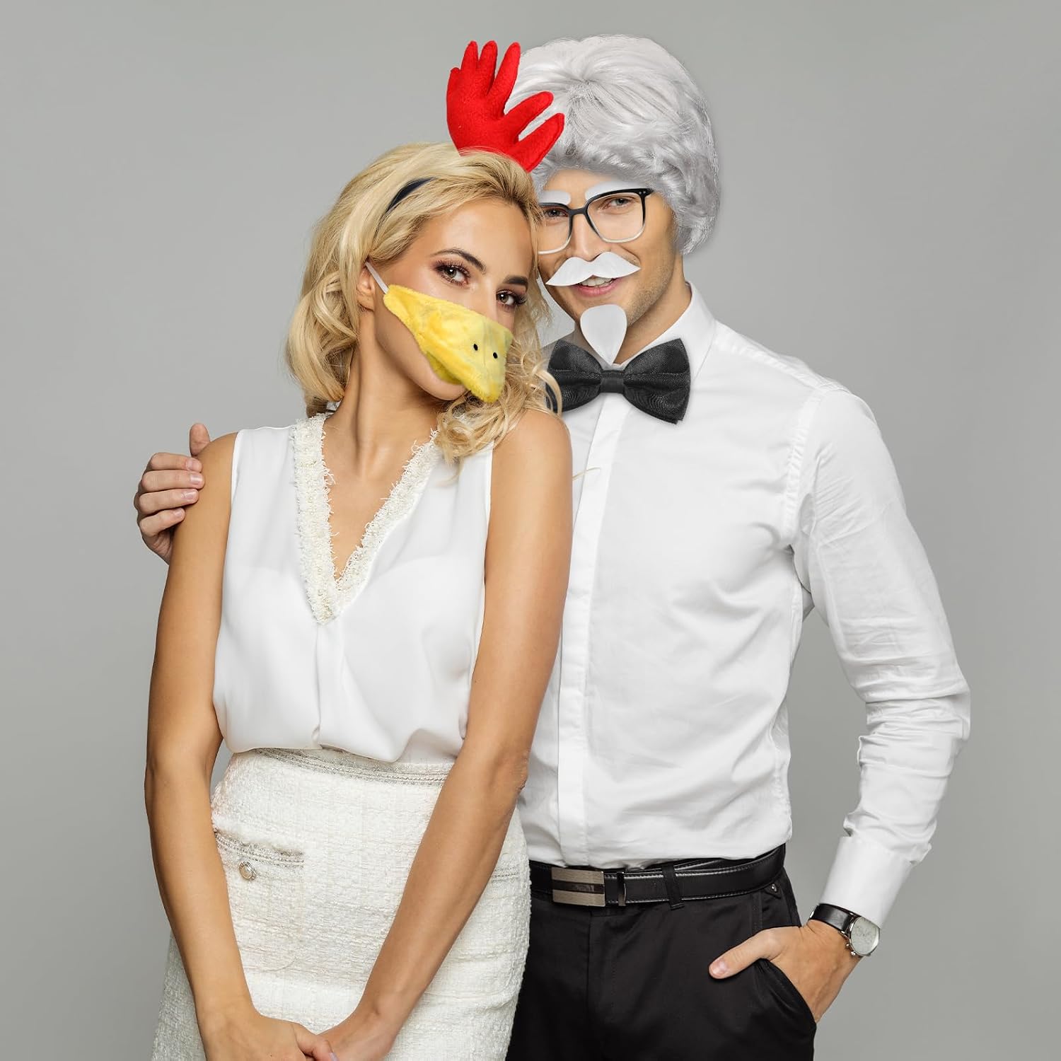 Riceshoot 9 Pcs Chicken Costume Adult Chicken Couple Costume Rooster Headband Tail Beak Nose Mask Feet White Colonel Wig Moustache for Halloween Cosplay Dress-Up Party Accessories
