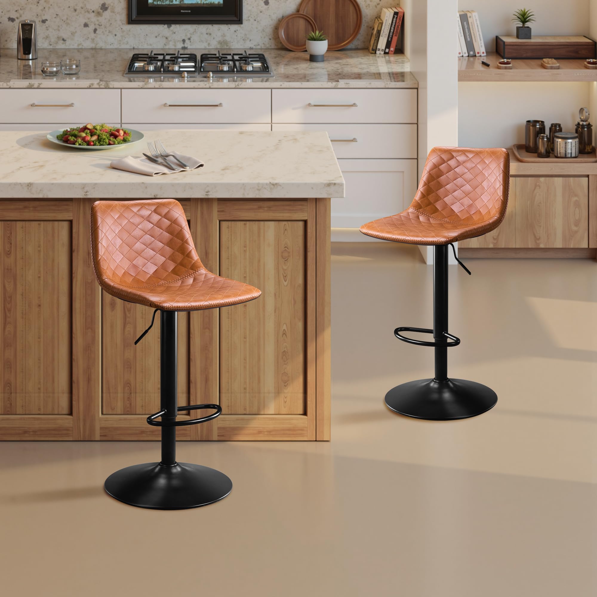 STOOLINK Taburete Cocina Juego de 2, Cuero de Microfibra, Moderno, Marrón | Taburete de Bar Altura Ajustable 61 a 82 cm, con Reposapies y Respaldo, Rotación de 360°, 150kg para Mostrador y Cafetería