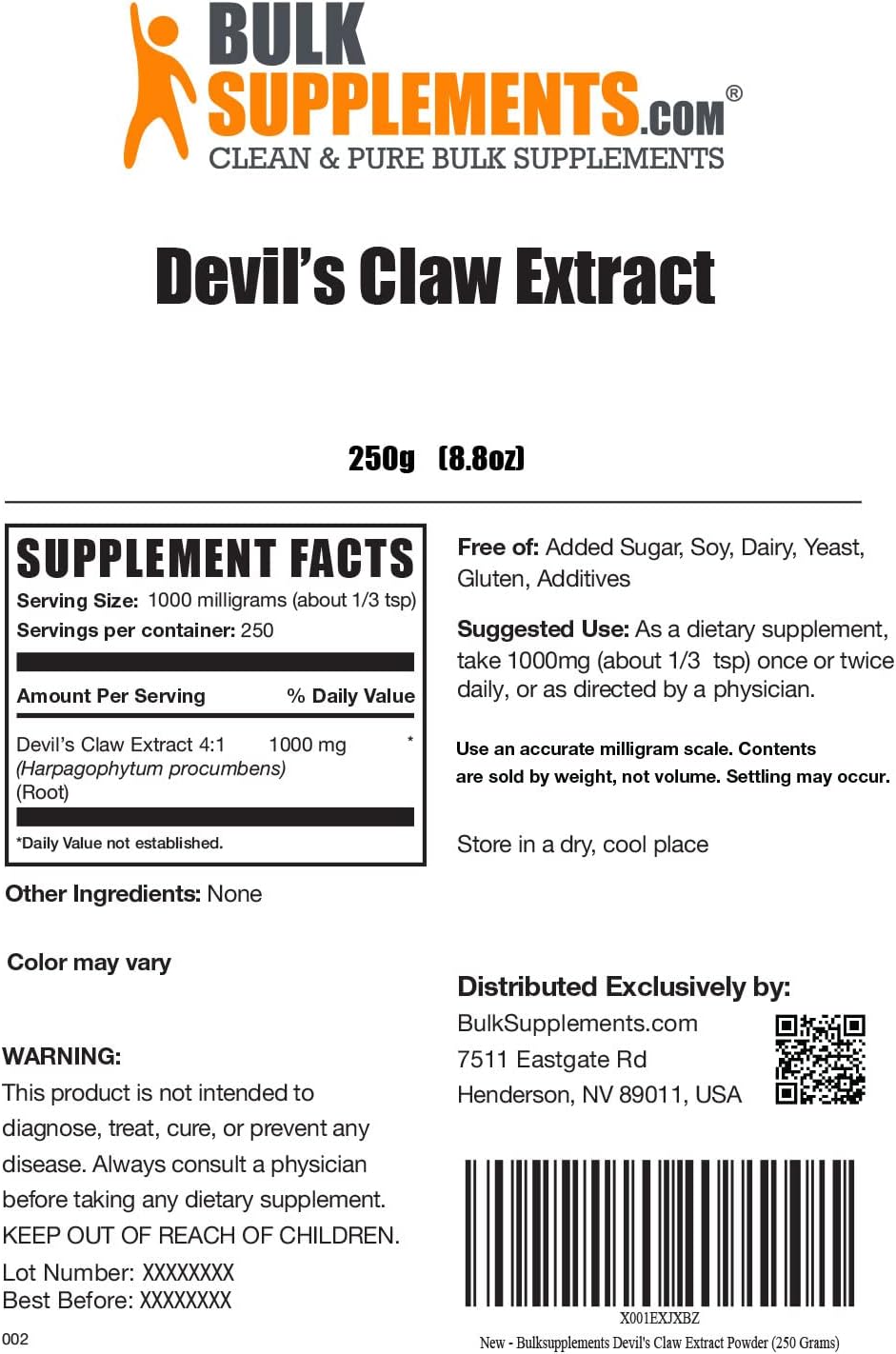 BulkSupplements.com Devil's Claw Extract Powder - Herbal Supplements, Sourced from Devil's Claw Root - Gluten Free - 1000mg per Serving, 250 Servings (250 Grams - 8.8 oz)