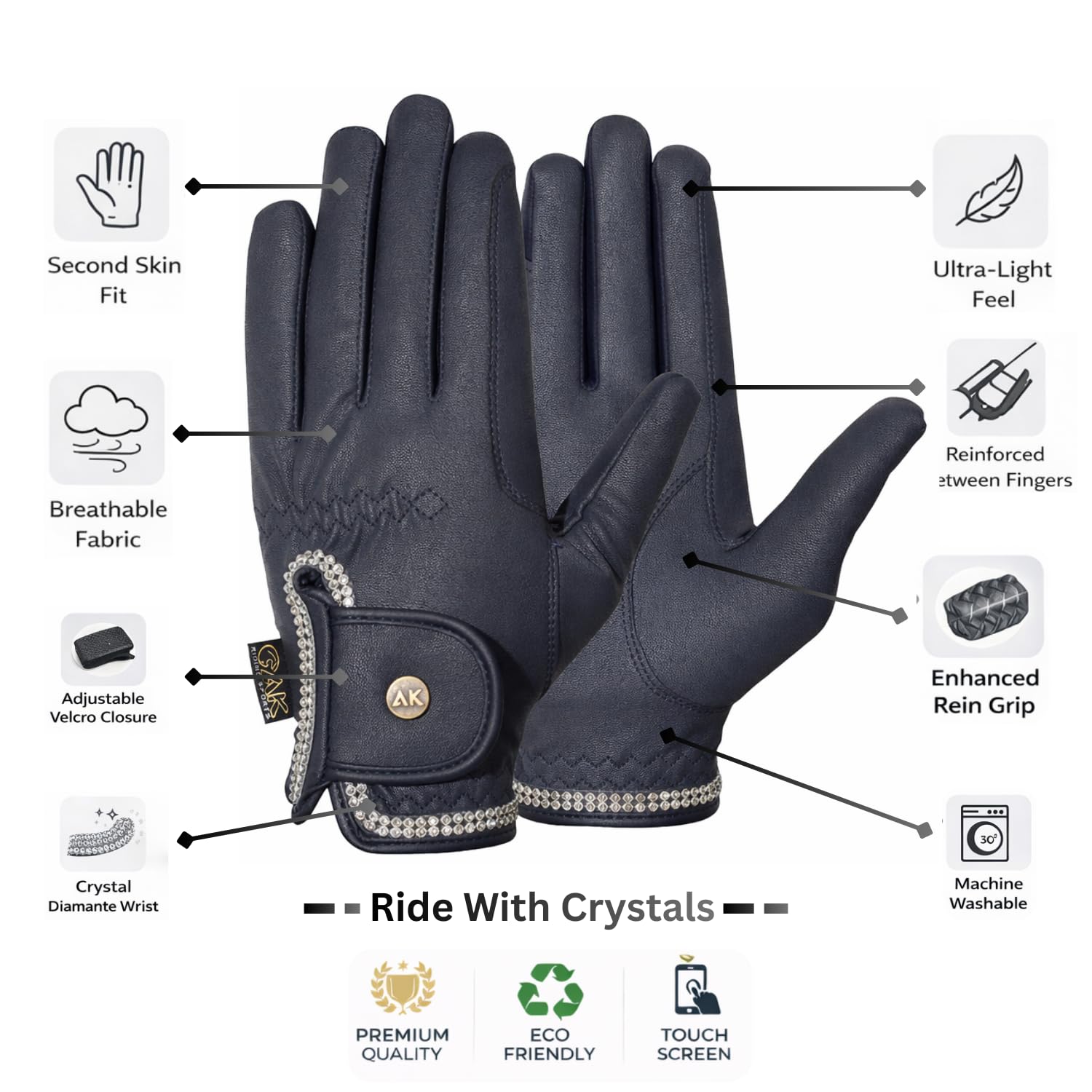 AK Horse Riding Gloves for Competition & Dressing with Crystal Diamante AKRS-6366