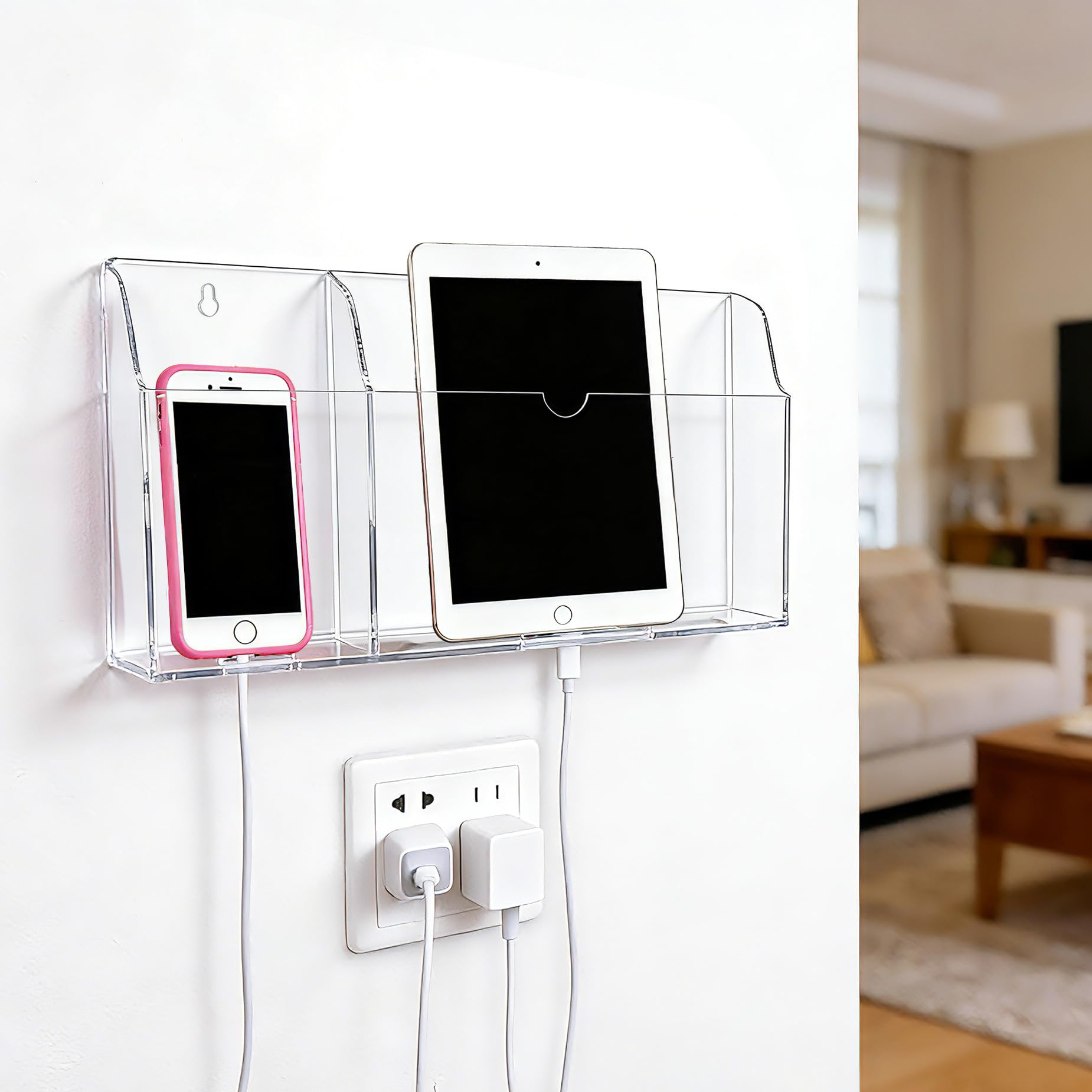 Soporte acrílico para teléfono montado en la pared con agujeros de carga, soporte de control remoto de pared de 2 compartimentos para tablet, iPad, Kindle, portátil, transparente