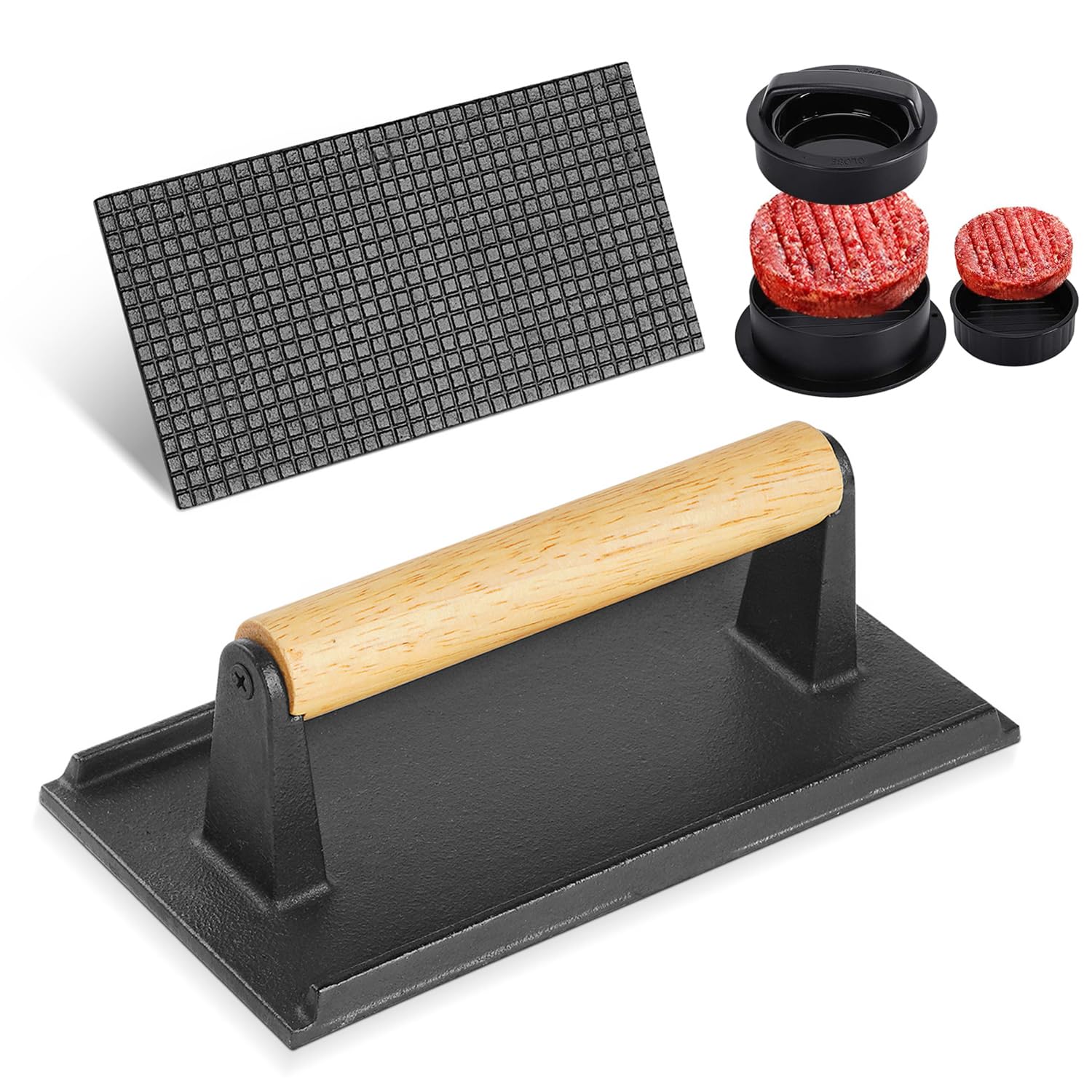 Set Pressa Per Hamburger In Ghisa - 2 Forme (Rotonda E Rettangolare) Con Manico In Legno - Foto 6