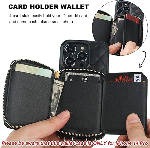 Miniatura 4 de Bocasal Funda tipo cartera cruzada para iPhone 14 Pro, con bloqueo RFID, de piel sintética, con cremallera, funda tipo cartera con función atril y