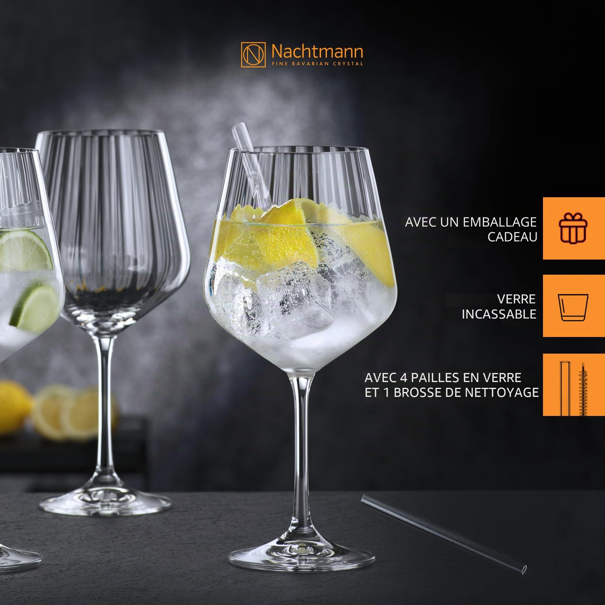 Spiegelau & Nachtmann 103143 Tastes Good Lot de 9 verres à gin Tonic (637 ml), 4 pailles en verre, 1 brosse de nettoyage, transparents