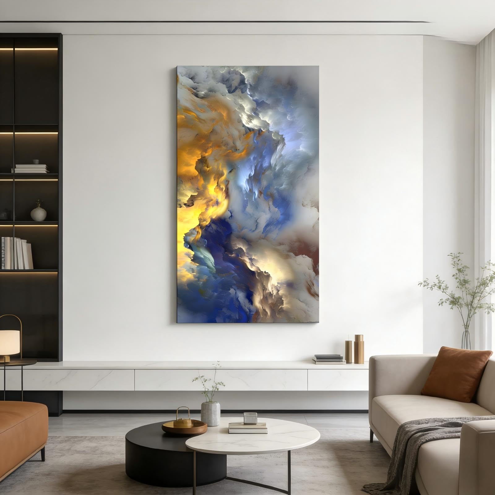 RGsixiot Tableau sur Toile Abstrait Vertical Nuages Bleus et Dorés