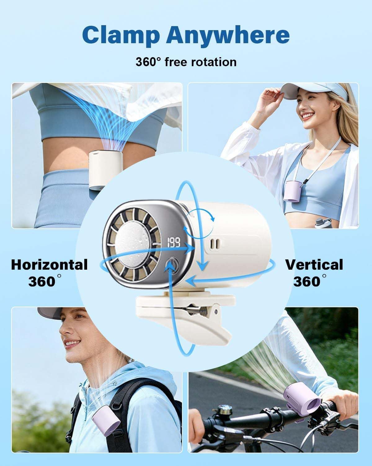2026 Car Clip On Air Conditioner Fan With Led Display, 360° Rotation, 199 Speeds & Semi-Cooling Technology, Portable Personal Clip-On Air Conditioner for Shirt Silent Rechargeable Exhaust for Kitchen