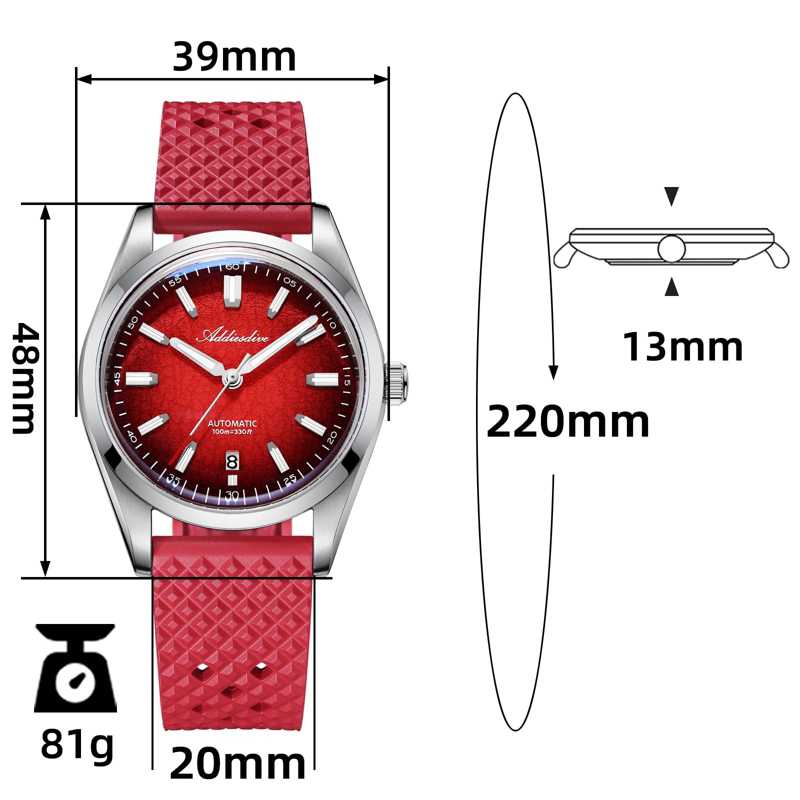 ADDIESDIVE męski zegarek mechaniczny 8215 ruch AD2531 zegarek automatyczny FKM pasek z gumy fluorowej K1 lustro ze szkła bąbelkowego 100 metrów wodoodporny BGW9 świecący zegarki