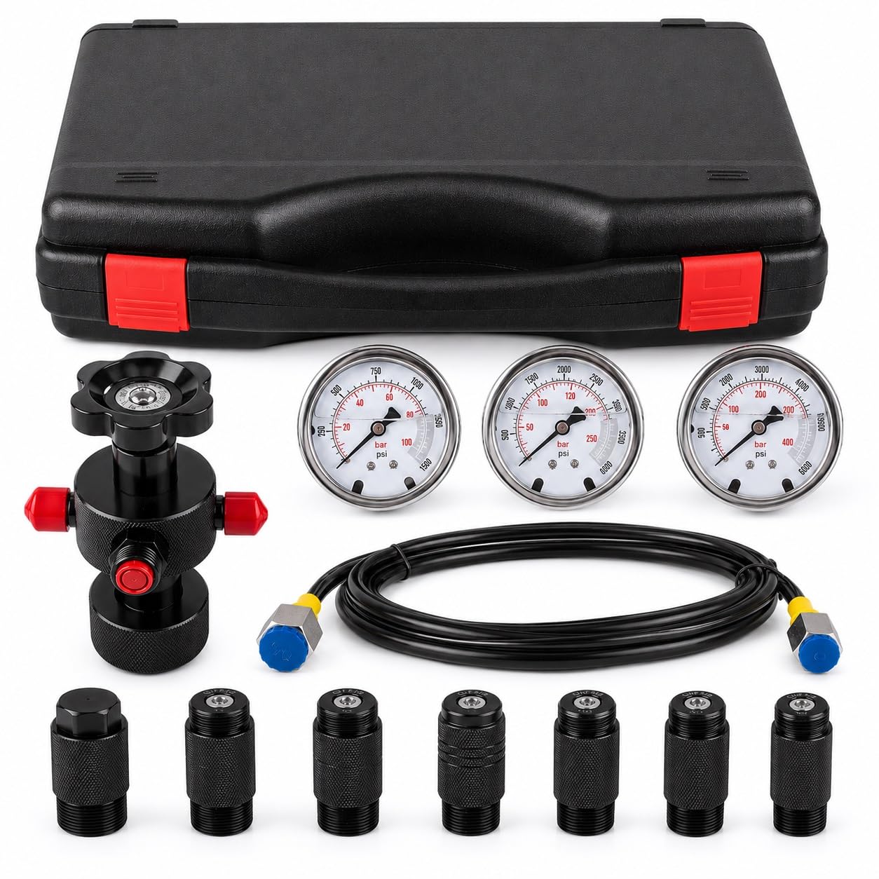 Kit de carga del acumulador de nitrógeno hidráulico | 7 acoplamientos, manguera de gas de 2 M y adaptador de prueba de presiónHerramientas de carga de gas con 3 Ga