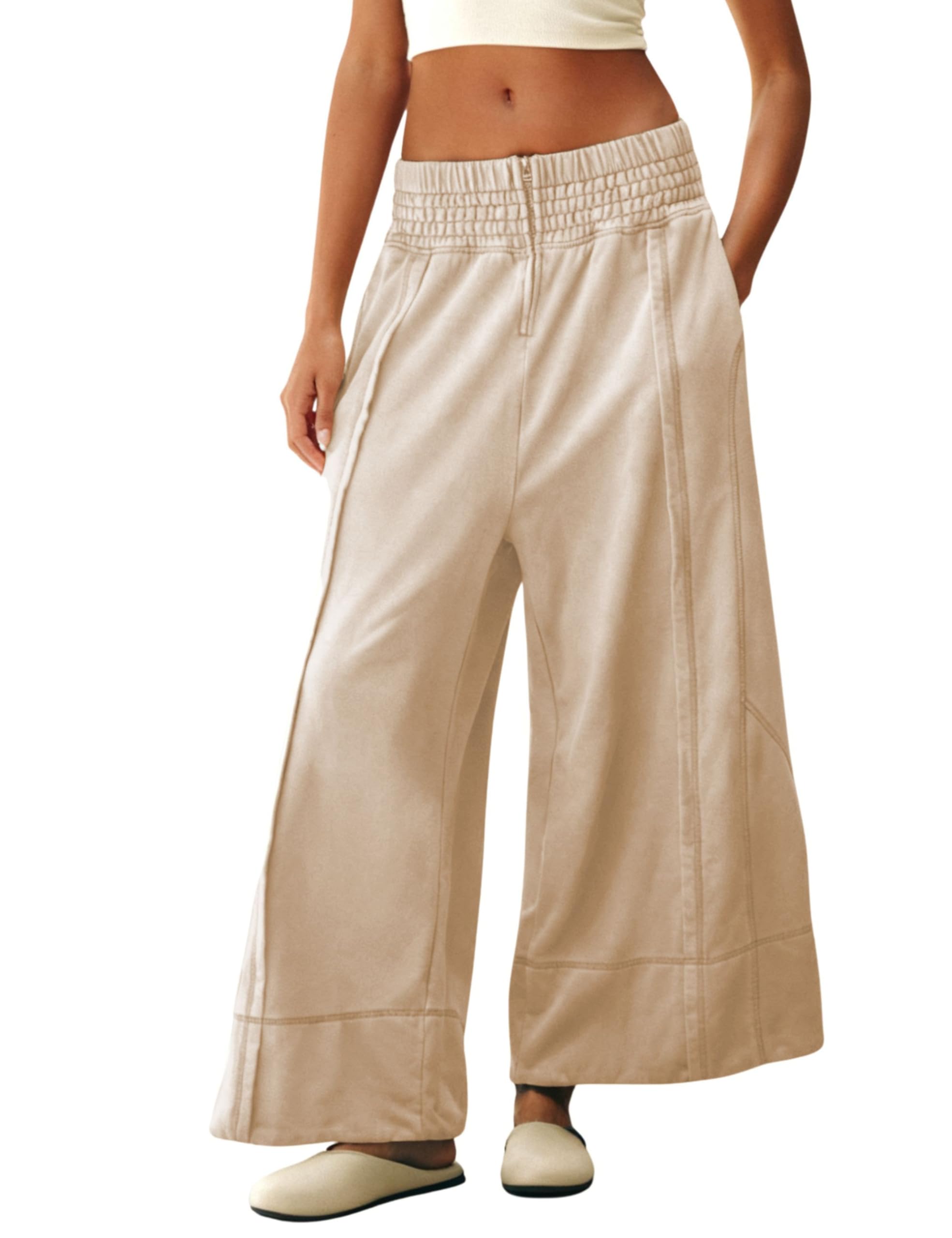 Tanming Womens Wide Leg Pants Casual Elastic High Waisted Palazzo Pant Loose Cotton Sweatpants with Pockets Apricot-M