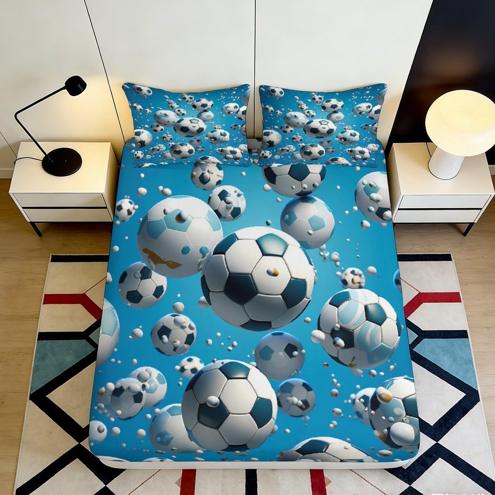 3D Printed Soccer Ball Blue Fitted Sheet Microfiber Anti-Slip Bed Cover for Bedroom Dorm Mattress Decor 200x200x25cm