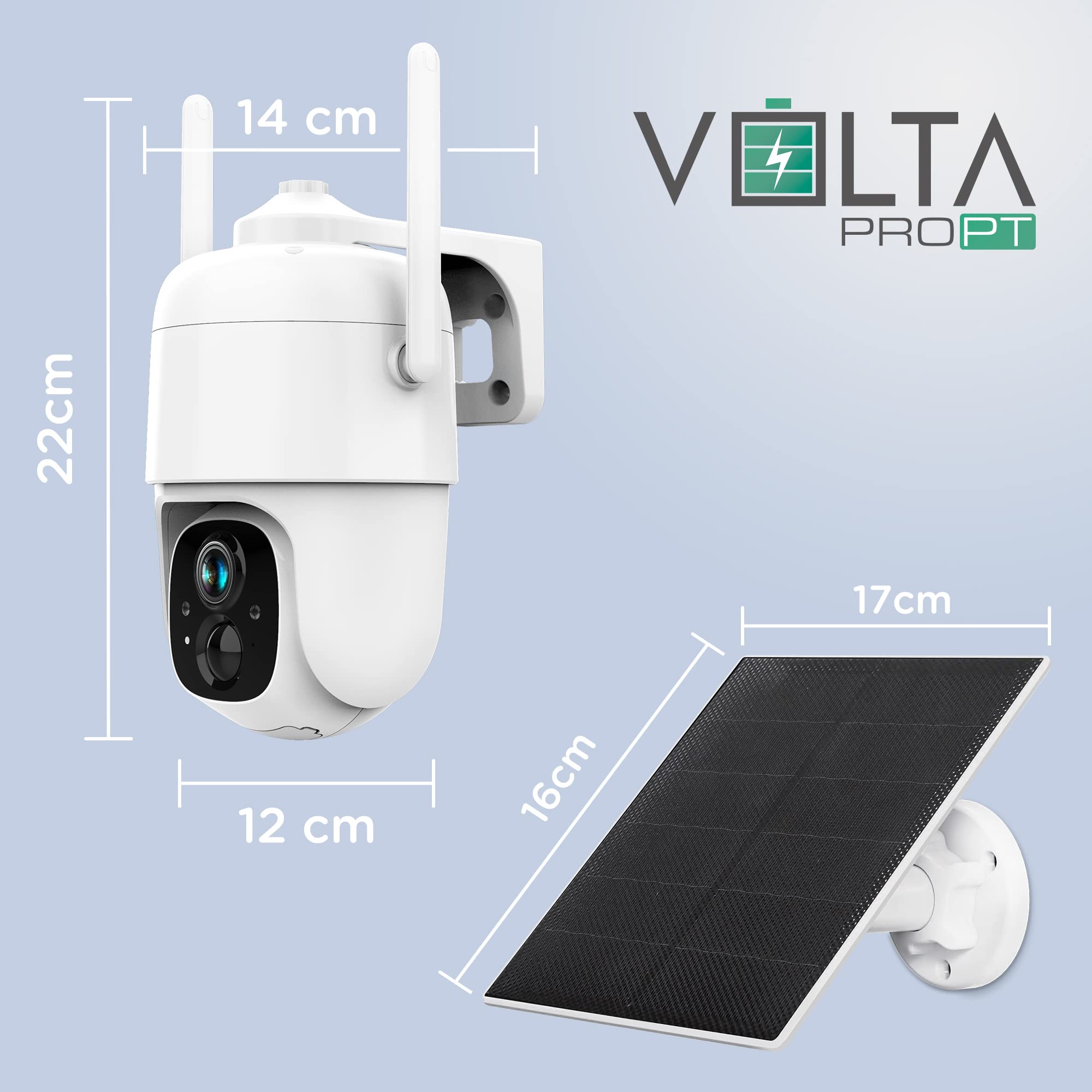 Atlantis Cámara motorizada Volta Pro PT A16-VL66P, 360° PTZ, Wi-Fi inalámbrico interior externo con batería recargable, panel solar, cámara de vigilancia, visión nocturna, Full HD 1080