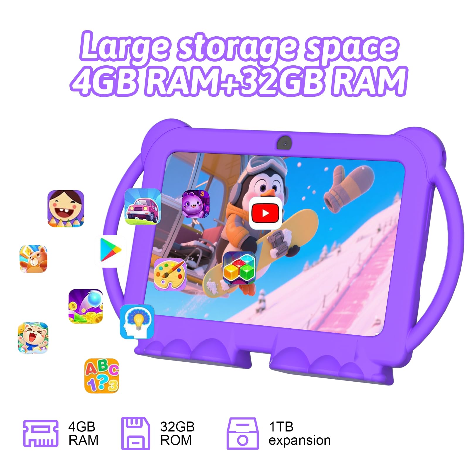 HOTTABLET Tablet per bambini 7" Android 12, 4 GB di RAM 32 GB ROM, 512 GB di espansione, con controllo genitori, WiFi, Bluetooth, doppia fotocamera con custodia in silicone, 1 pezzo (viola)