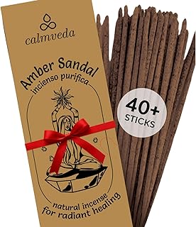 Sandalwood Amber Incense Sticks Resin - (40+ Sticks, 9 Inch) Thick Natural Amber Incense Sticks Made from Resins, Clean Charcoal Free | Warm Resinous - Sweet Aroma to Balance Energy & Cleanse Home