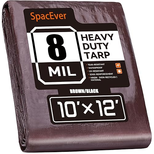 10x12 FT Tarp Waterproof 11 Mil Poly Tarps Medium Duty Waterproof, UV Resistant & Rip Tear Resistant, Multipurpose Protective Cover with Grommets Reversible for Home Boats Cars Plants Brown/Black