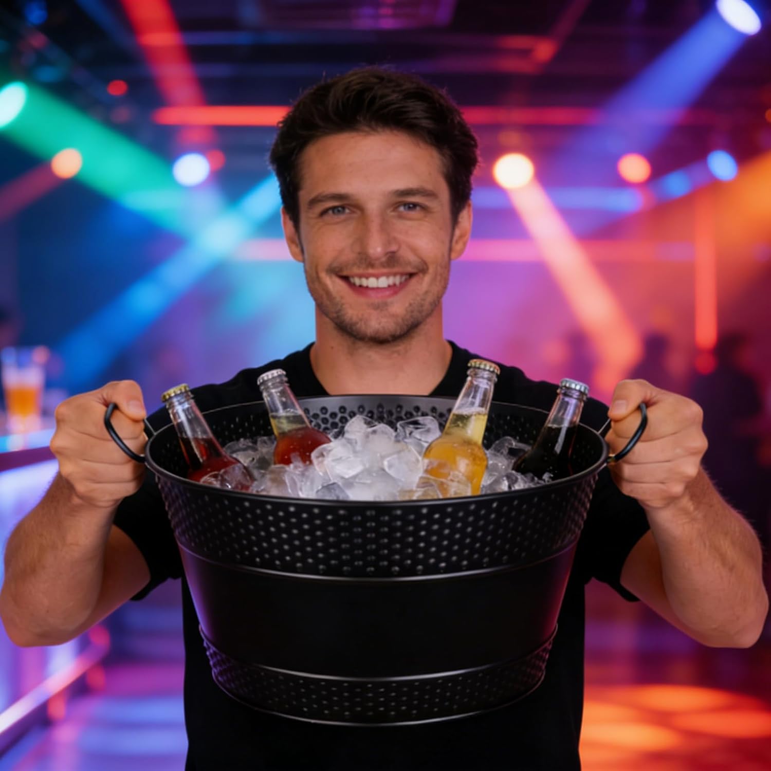 Galvanized Tub Ice Bucket for Parties, Thick Metal Galvanized Drink Bucket, Beverage Bucket with Handles, Drink Bucket for Indoor & Outdoor Party (1Pcs, Black)
