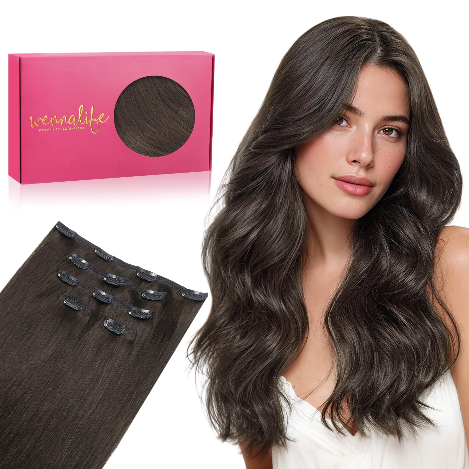 WENNALIFE Extension con clip in capelli veri, 75 g, 5 pezzi, 35 cm, colore marrone scuro - 2