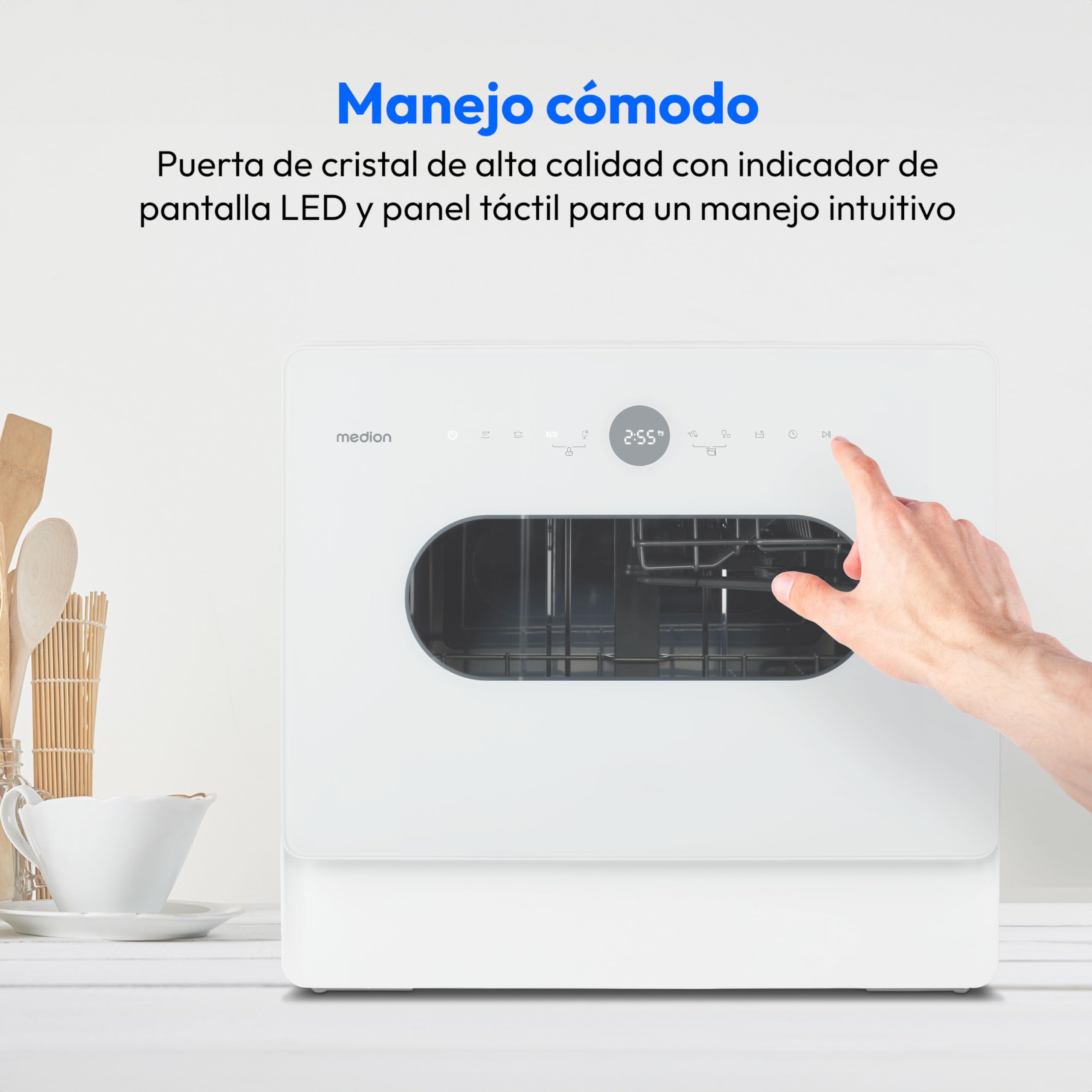 MEDION Mini Lavavajillas DWT51 (Lavavajillas de sobremesa con panel de control táctil, función cubo, 5 cubiertos, funciona con/sin toma de agua, 7 programas de limpieza