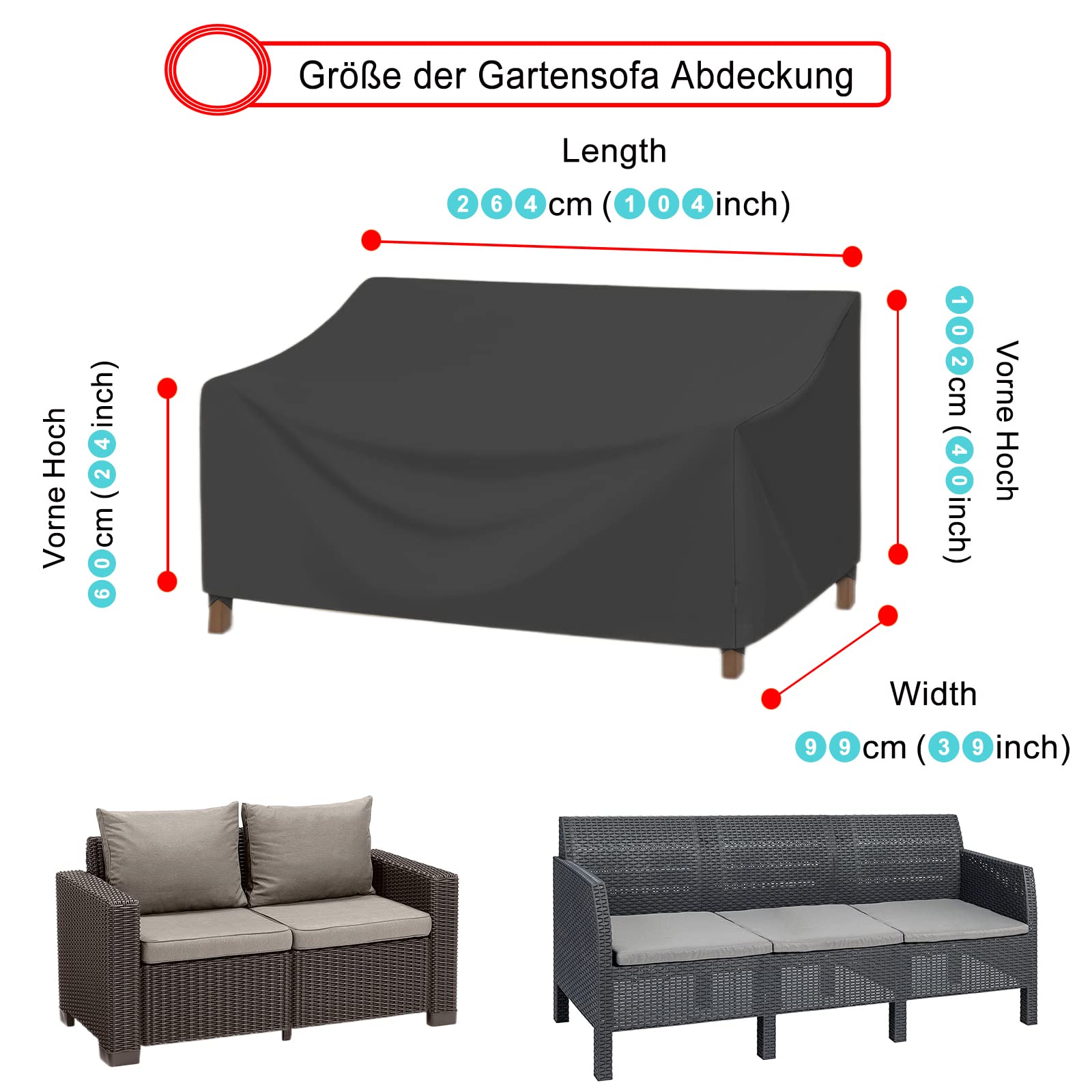 Housses de Canapés de Jardin, 600D Housse Canape Exterieur ImperméAble, Housse pour Canapé de Jardin la poussière et aux UV Coupe Vent - Noir (264 * 102 * 60/89cm)