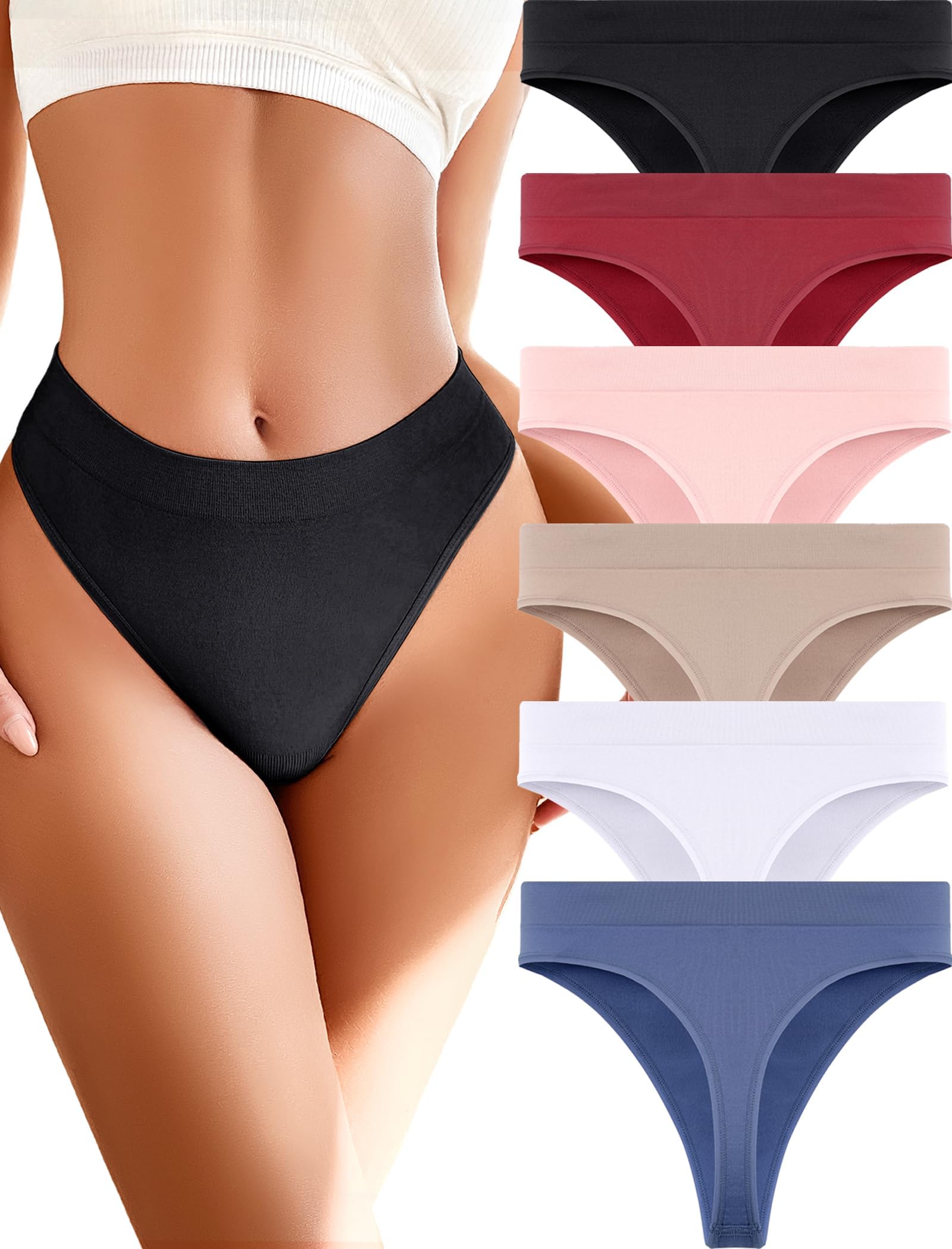 READY TO LOVE Womens Underwear Breathable Seamless Thongs 6 Pack Comfortable No Show High Waisted Thong Tangas Panties