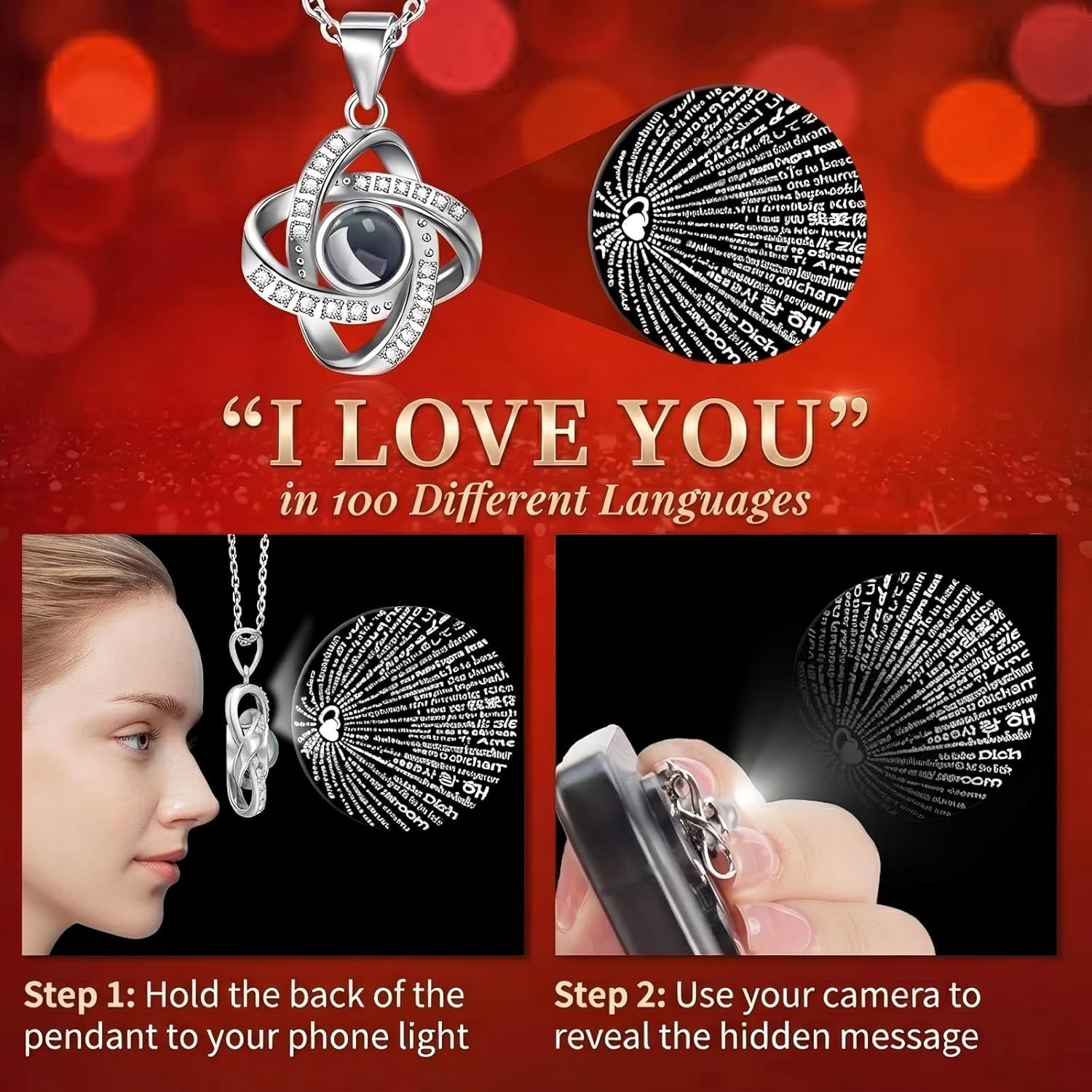 Preserved Red Real Rose with I Love You in 100 Languages Necklace,Eternal Flowers Gifts for Women Wife Girlfriend Mom Grandma on Birthday Anniversary Valentines Mothers Day Christmas,Red Rose