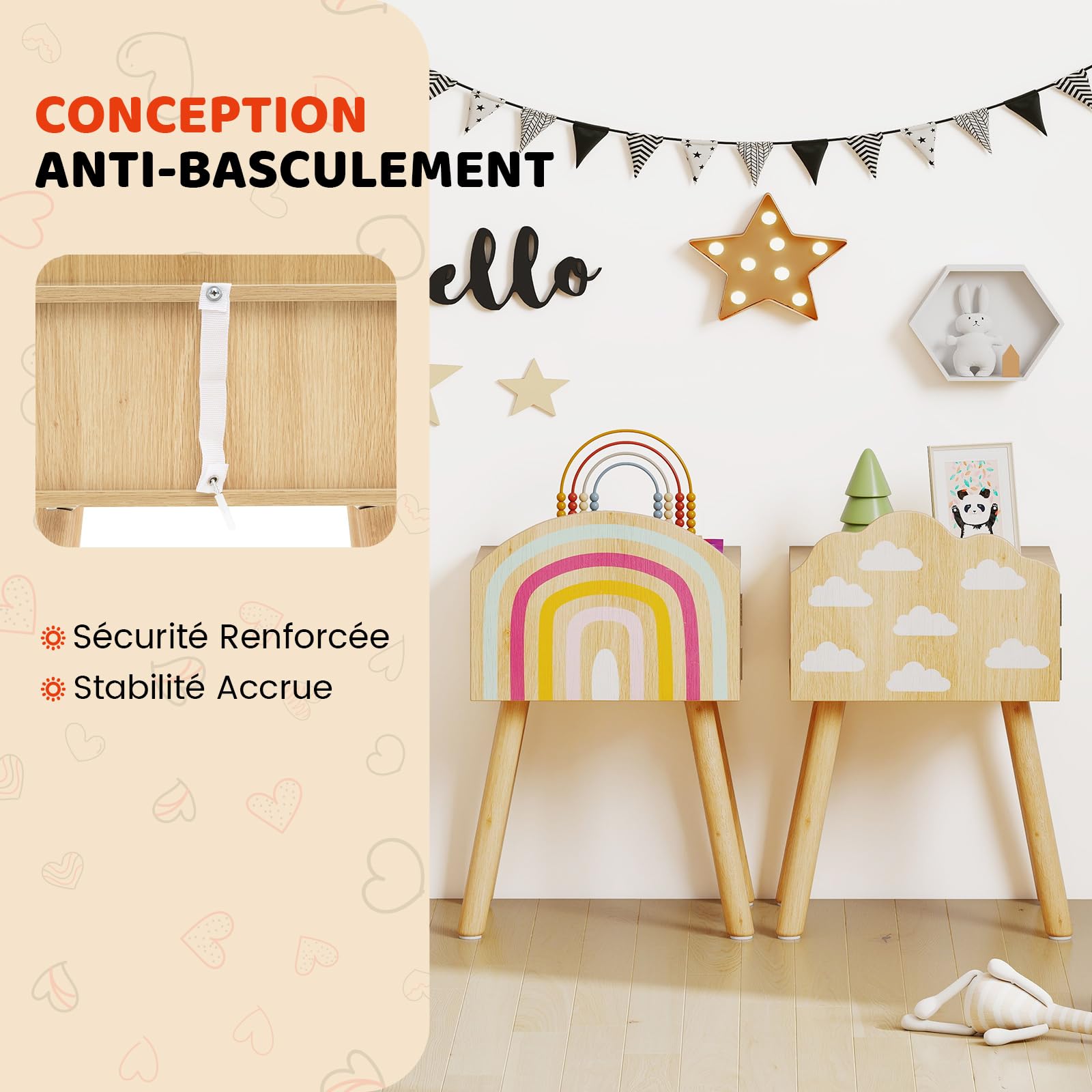 COSTWAY Lot de 2 Table de Chevet Enfant avec Motif Arc-en-Ciel et Nuage, Table de Nuit Enfant Fille avec Portes & Pieds en Bois Massif & Dispositif Anti-basculement, 34x30x54 cm, Naturel