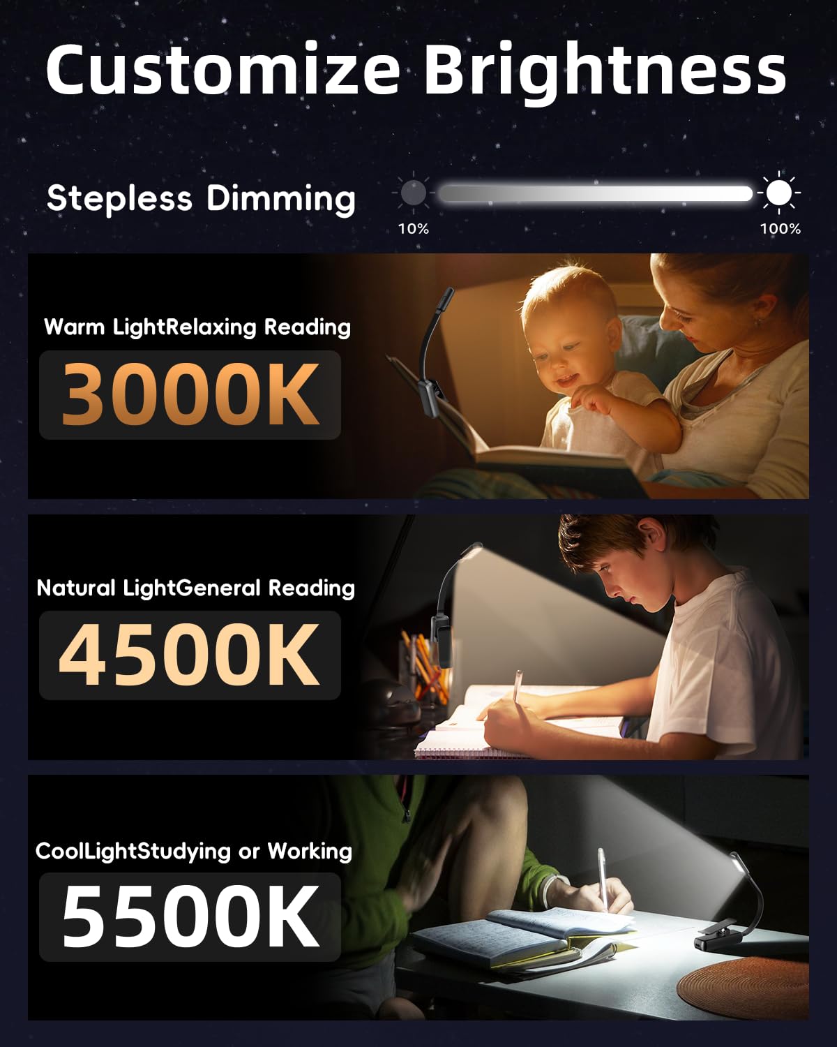 Book Light,Reading Lights for Books in Bed,Clip-On Led Reading Light with 3 Colors & Stepless Dimming,Portable and Ultra-Lightweight with Long Runtime (Black)