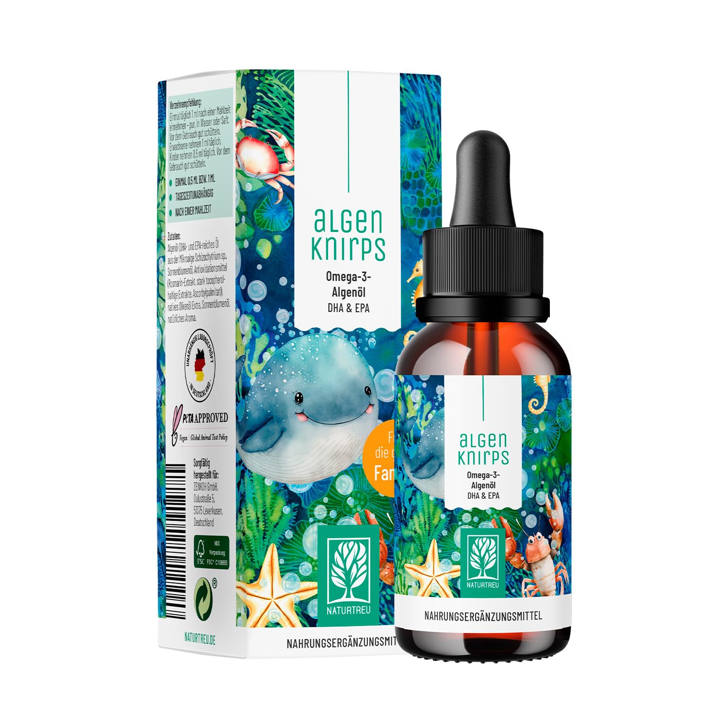 NATURTREU Omega-3 Öl für Kinder – mit Algenöl, Orangenaroma, vegan