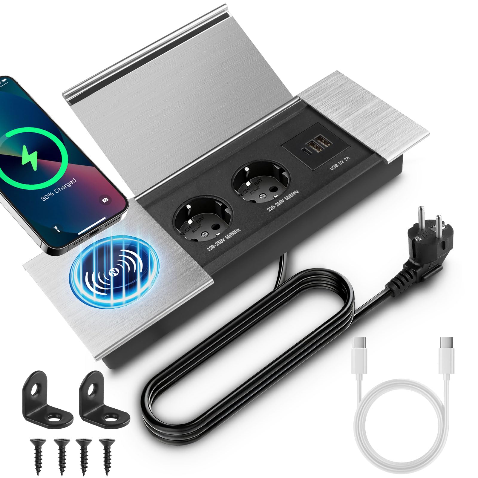 Versenkbare Einbau-Steckdosenleiste 2-Fach mit USB-C PD & Deckel | Einbausteckdose Tischplatte Versenkte Steckdose, Tischsteckdose für Schreibtisch, Küche, Büro, Sofatisch und Konferenztisch