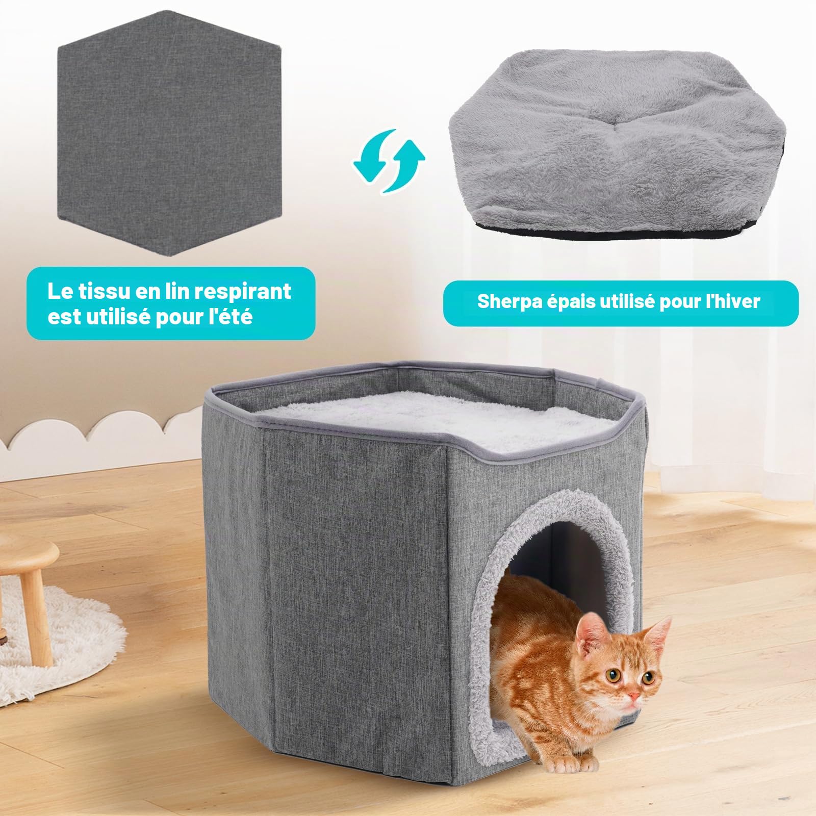 Maison pliable d'intérieur pour grands chats, grande niche pour chat avec griffoir, 2 couches, niche pour animaux de compagnie de petite et moyenne taille, grise
