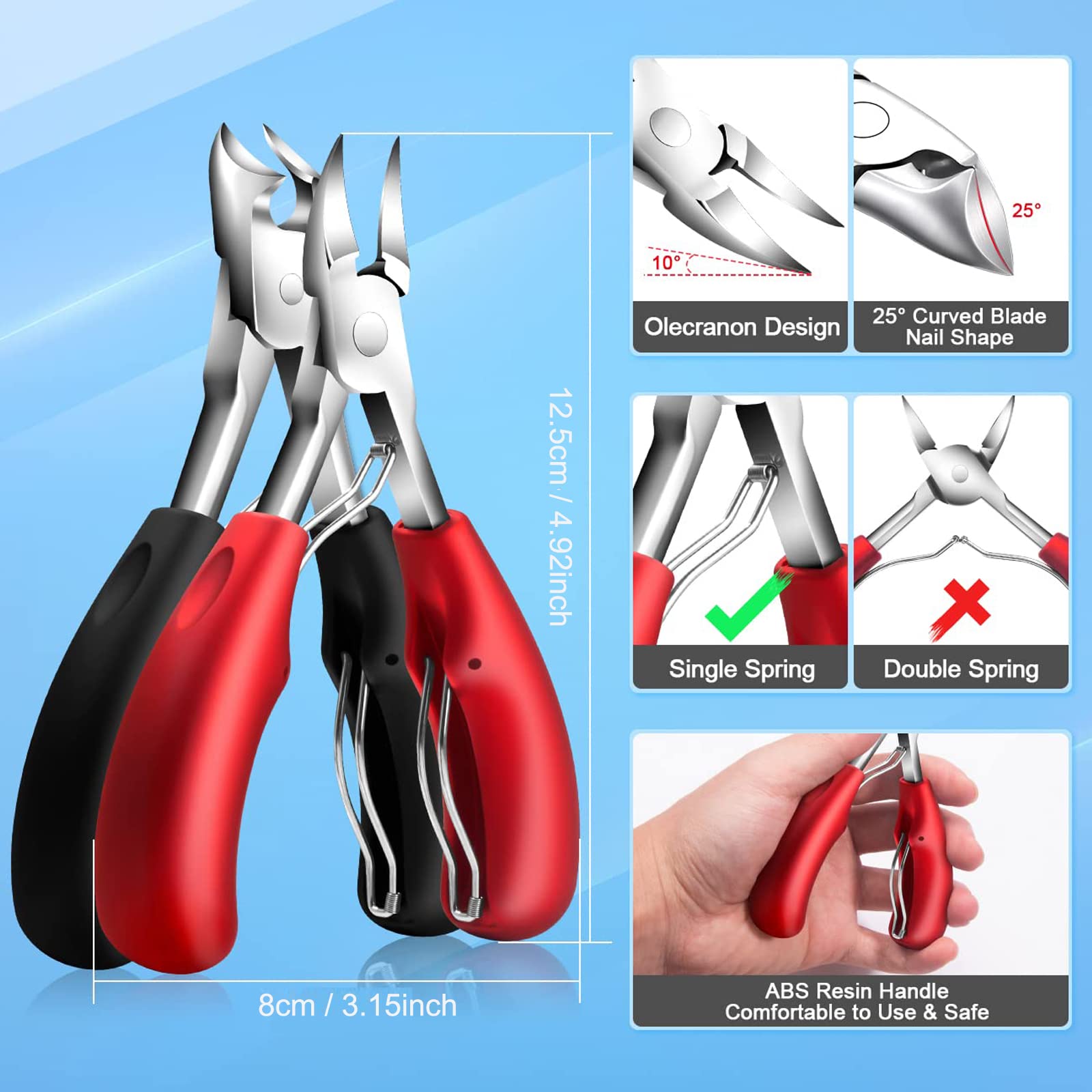 12pcs Pinces à Ongles Professionnel, Coupe Ongle de Podiatre en Acier Inoxydable Avec Outil de Pédicure Coupe Ongles pour Ongles Epais et Incarnés (noir + rouge)