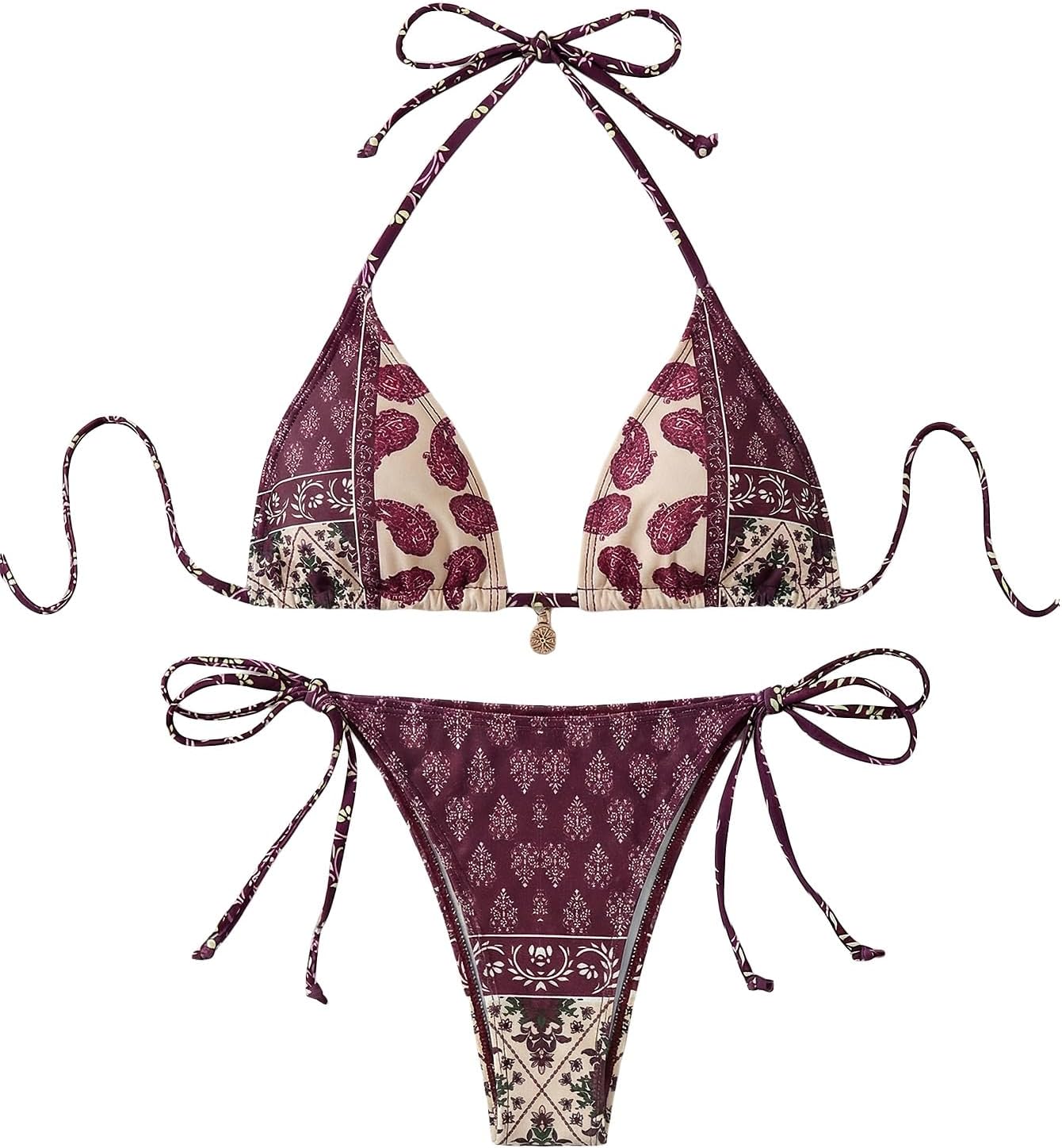 Verdusa Women's 2 Piece Bikini Sets Boho Paisley Print Swimsuit Halter String Micro Thong Bikini Set