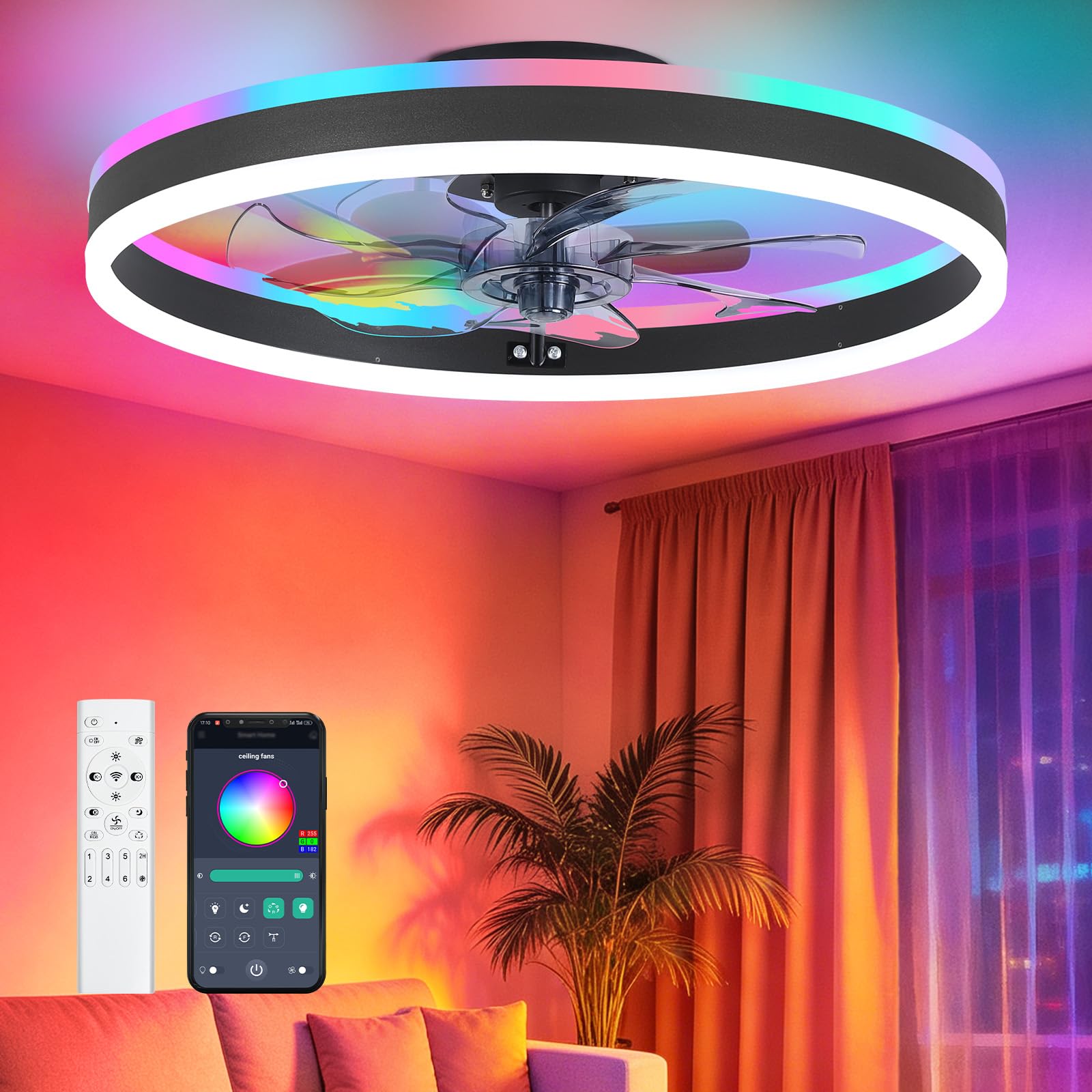 Photo 1 of SAMPHON RGB Ceiling Fans with Lights, 19.7" Smart Low Profile Ceiling Fan, Modern Flush Mount Fandelier Light with Remote/APP Control, Dimmable Led Ceiling Fan Light for Living Room, Bedroom, Indoor