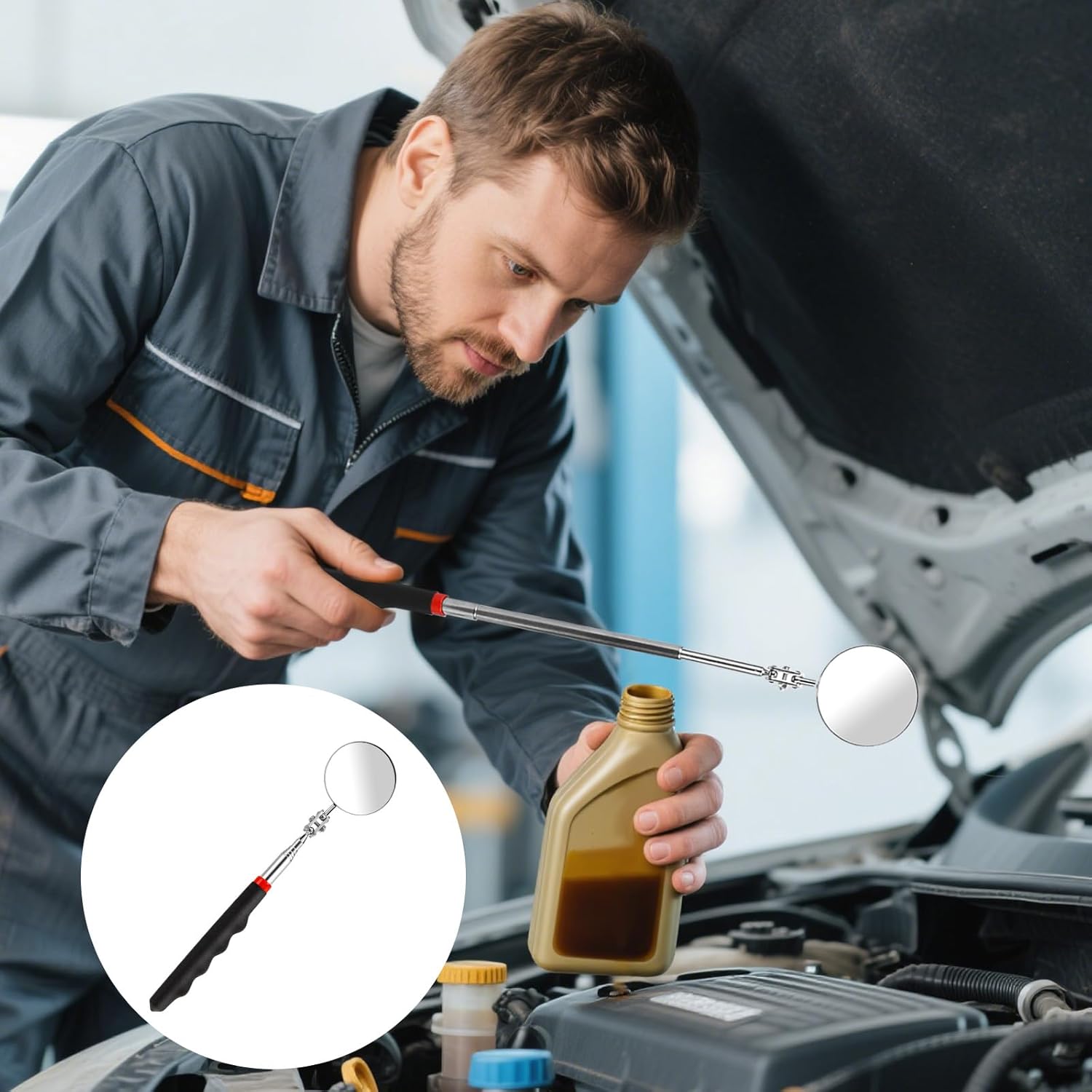 2 Pcs Telescoping Inspection Mirror Flexible 360 Rotation Telescoping Mirrors Round Mirror on a Stick 28.3 Inch Mechanic Automotive Tool with Long Handle for Technicians Mechanics Contractors Checking