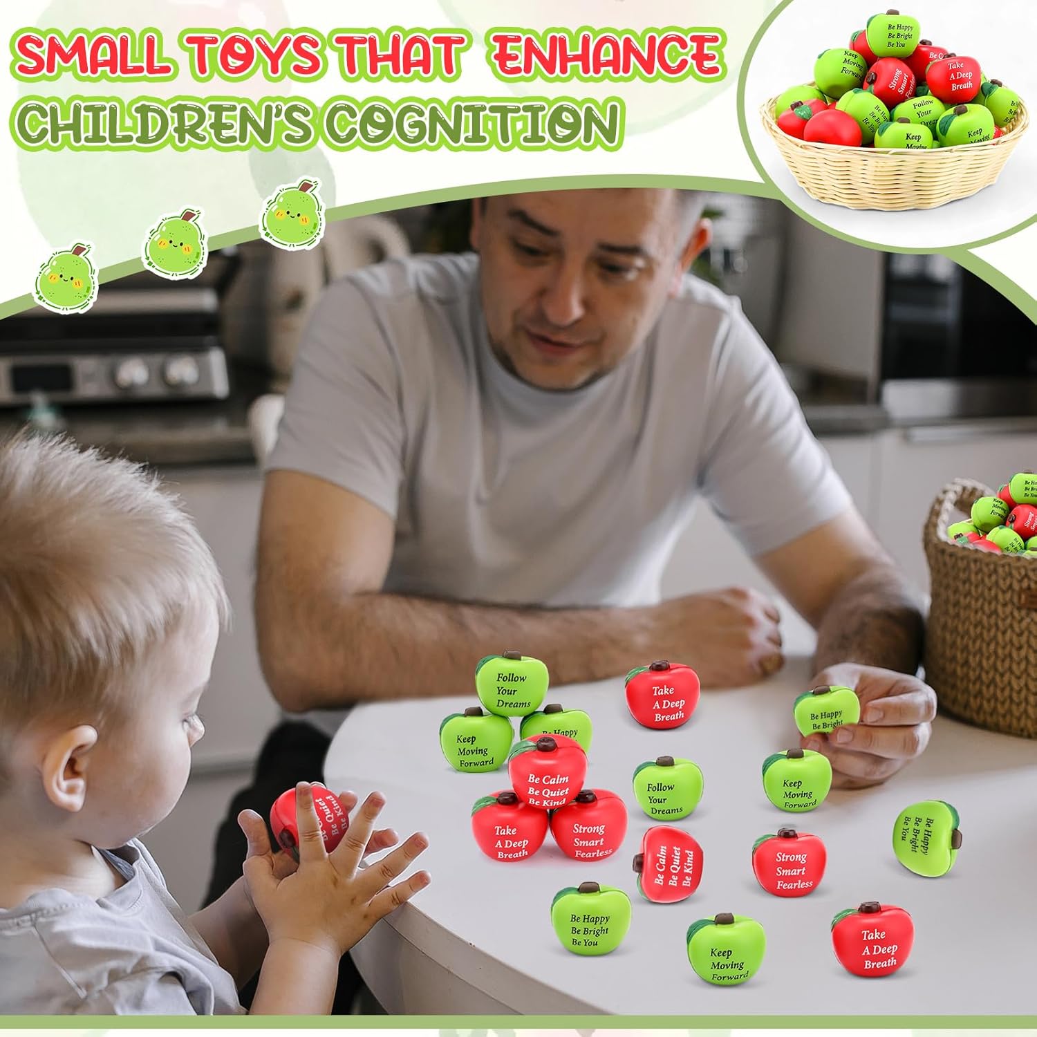 Blulu 30 Pcs Motivational Fruit Stress Balls Red and Green Fruit Stress Relief Squeeze Balls Back to School Gifts Bulk for Teens Adults Finger Exercise School Reward Party Favor Supplies, 2 Inch